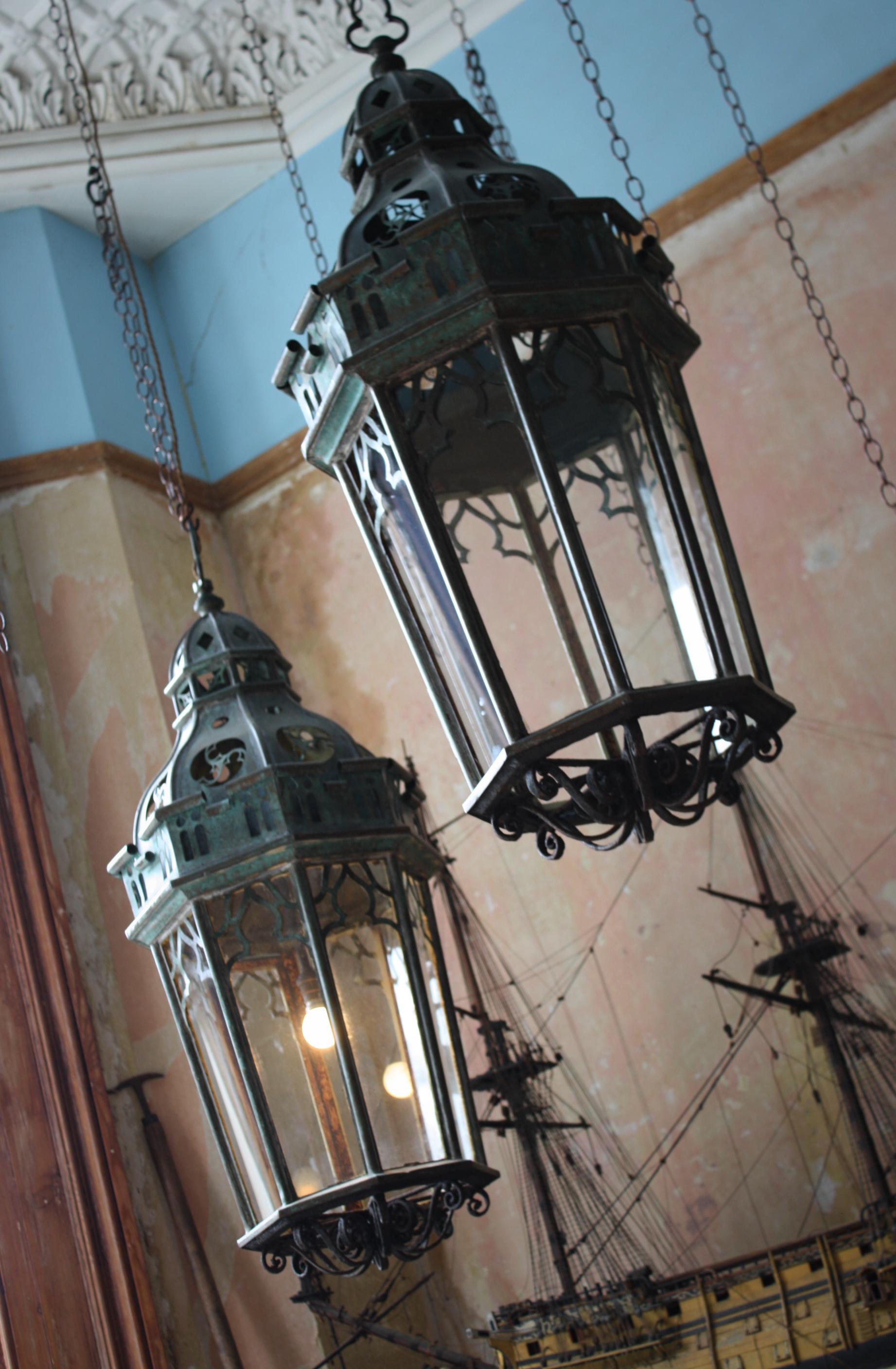 Circa 1880 Late Victorian Pair of Huge Gothic Verdigris Lanterns Copper & Iron 9