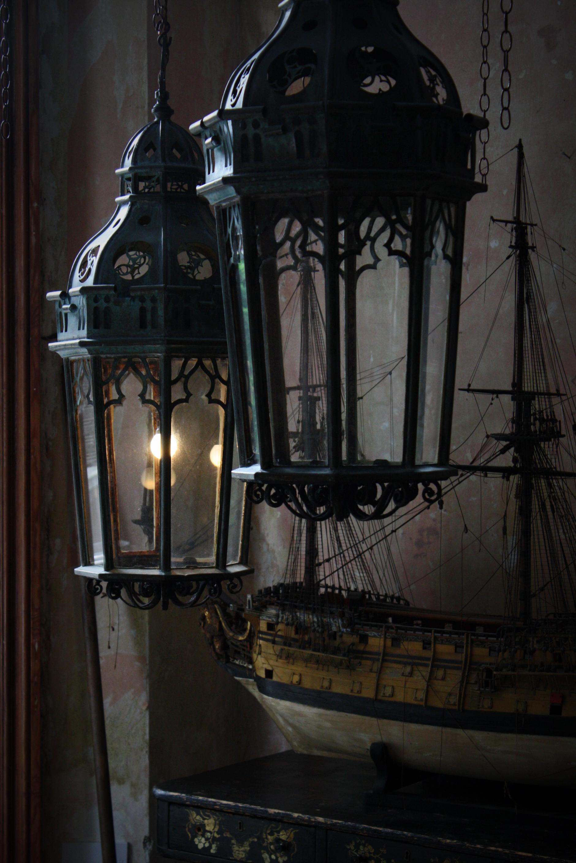 Circa 1880 Late Victorian Pair of Huge Gothic Verdigris Lanterns Copper & Iron 10