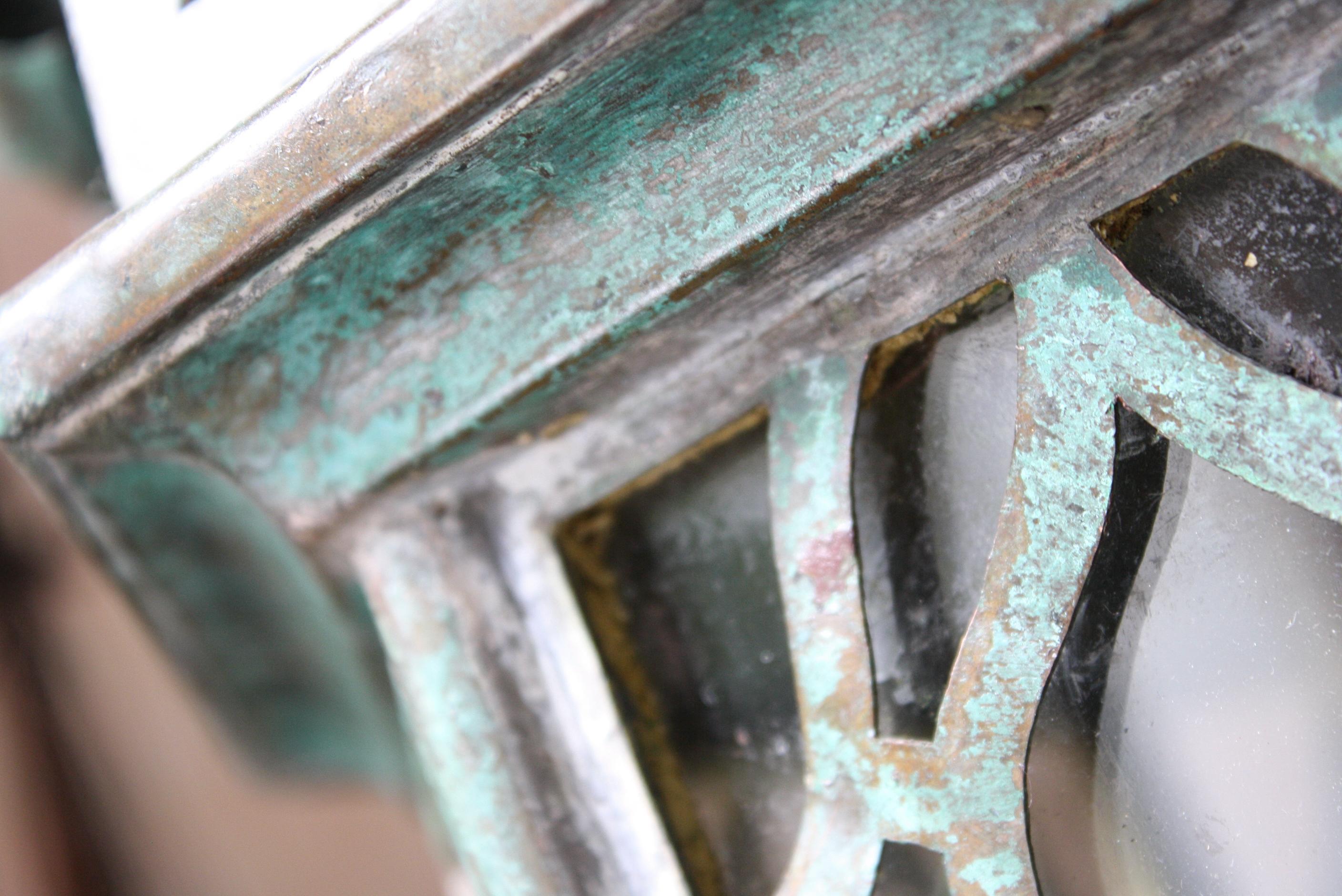 Circa 1880 Late Victorian Pair of Huge Gothic Verdigris Lanterns Copper & Iron 13