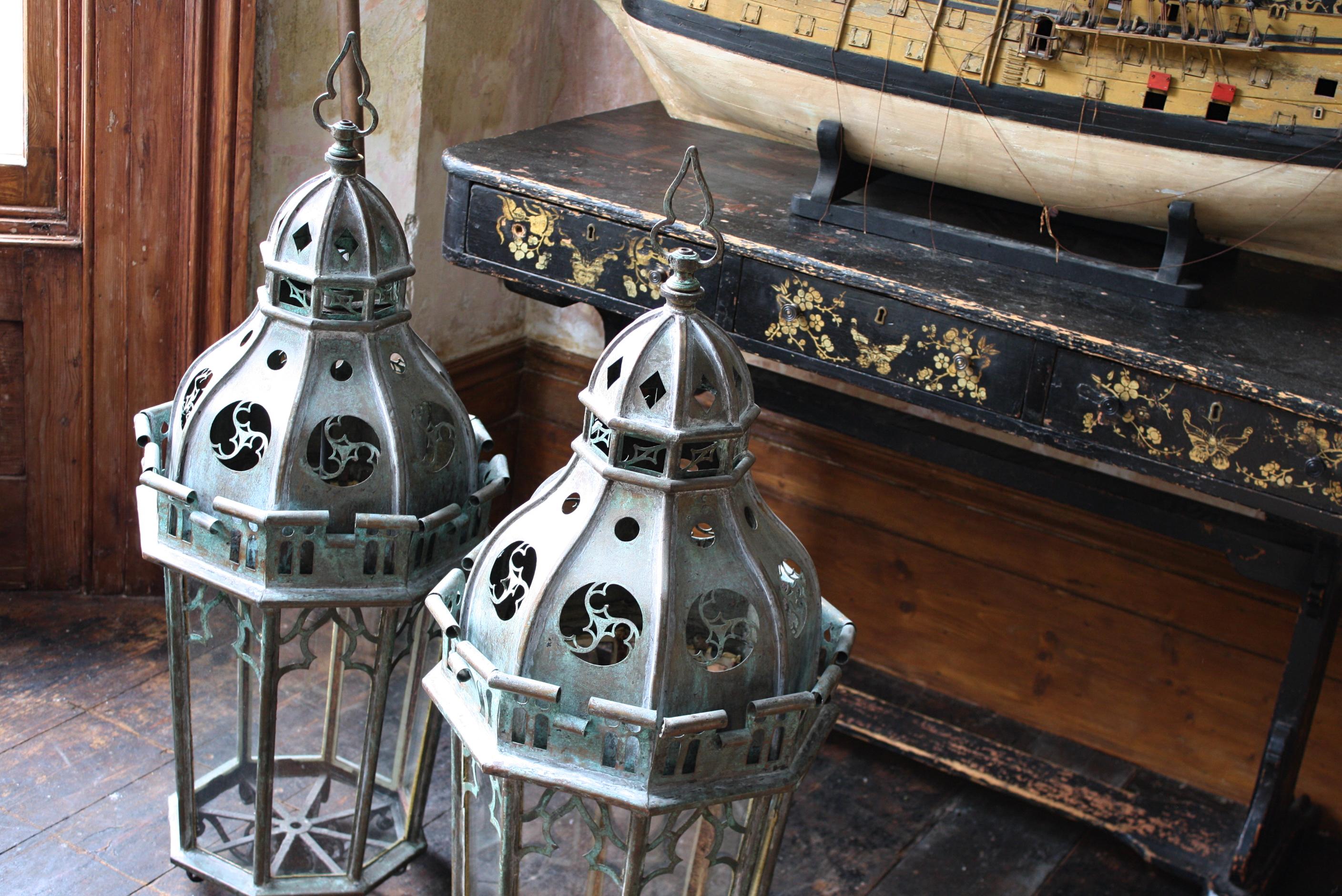 Circa 1880 Late Victorian Pair of Huge Gothic Verdigris Lanterns Copper & Iron 14