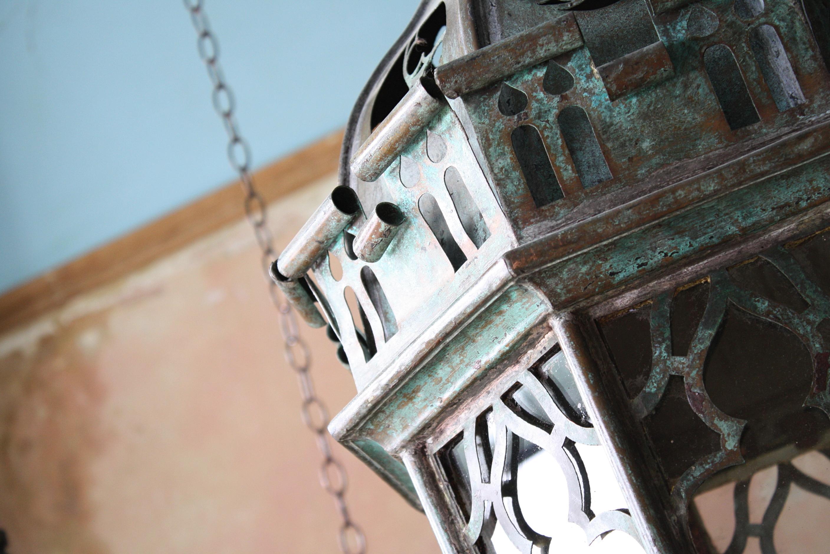 Gothic Revival Circa 1880 Late Victorian Pair of Huge Gothic Verdigris Lanterns Copper & Iron