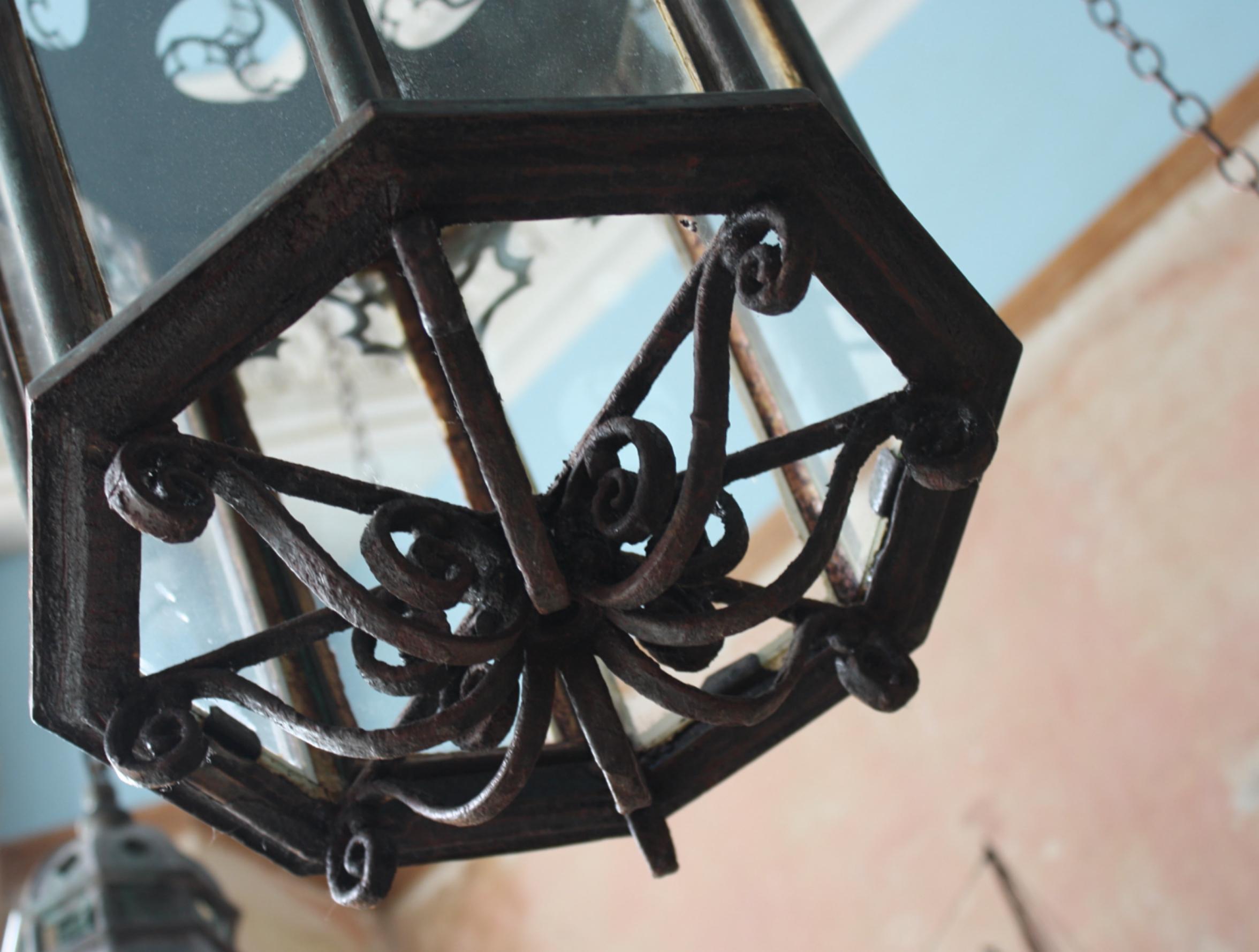 English Circa 1880 Late Victorian Pair of Huge Gothic Verdigris Lanterns Copper & Iron