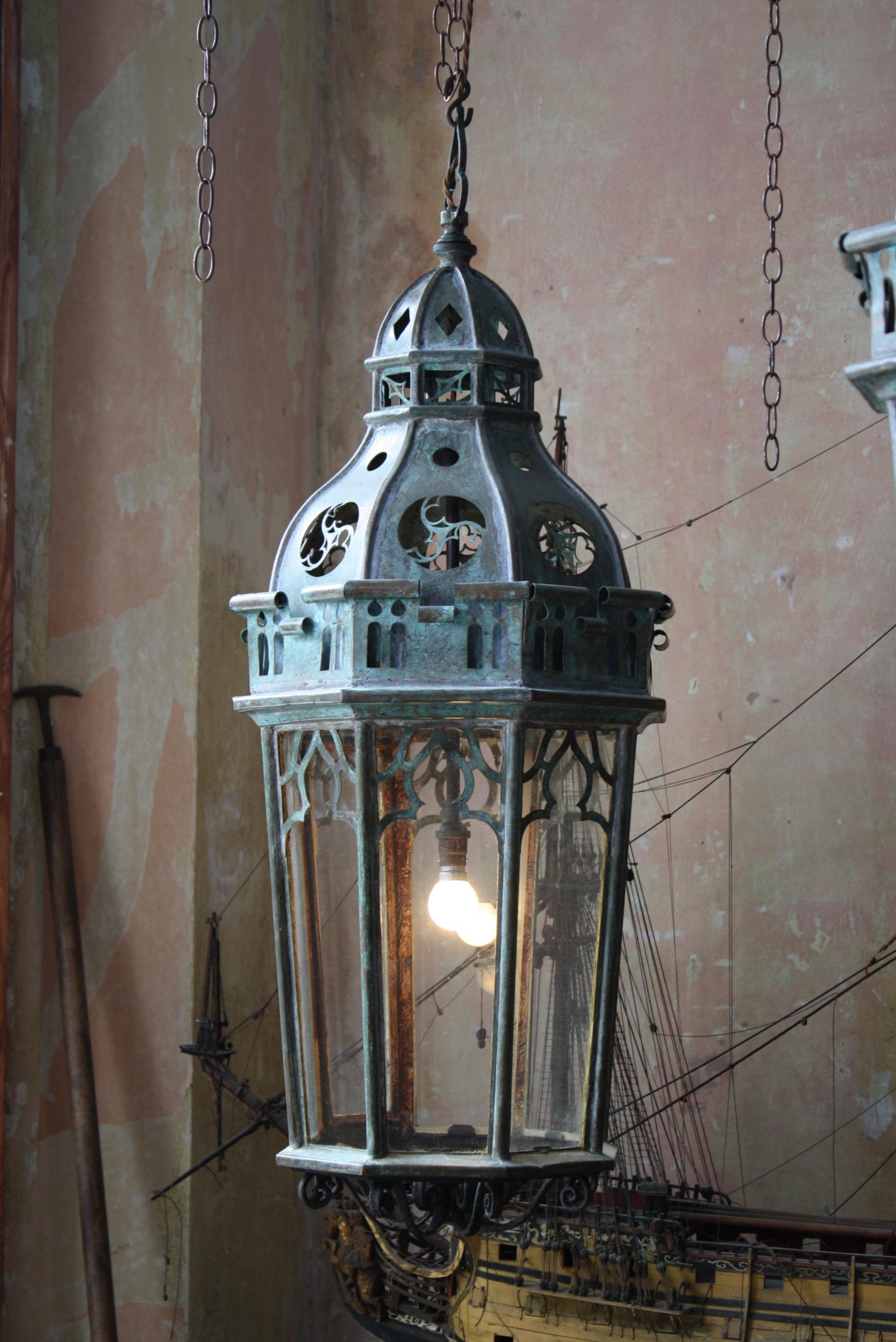 19th Century Circa 1880 Late Victorian Pair of Huge Gothic Verdigris Lanterns Copper & Iron