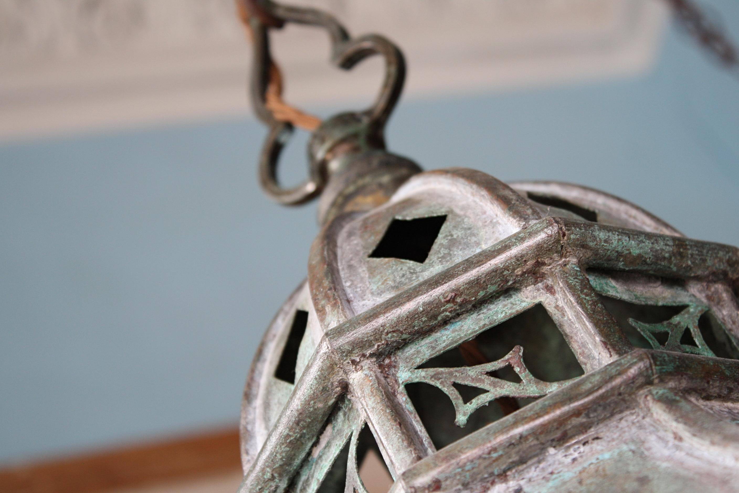 Circa 1880 Late Victorian Pair of Huge Gothic Verdigris Lanterns Copper & Iron 1