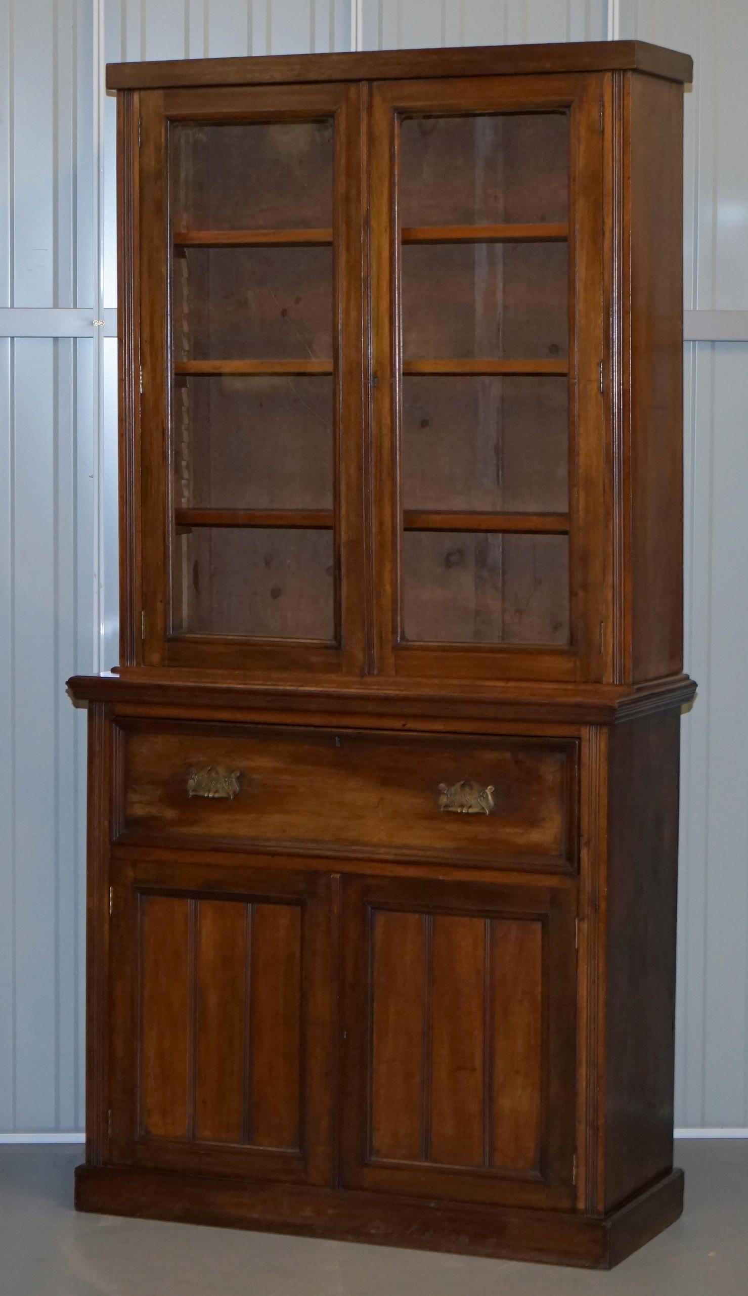 Victorian Light Hardwood Library Bookcase Secrétaire Desk Brown Leather Surface For Sale