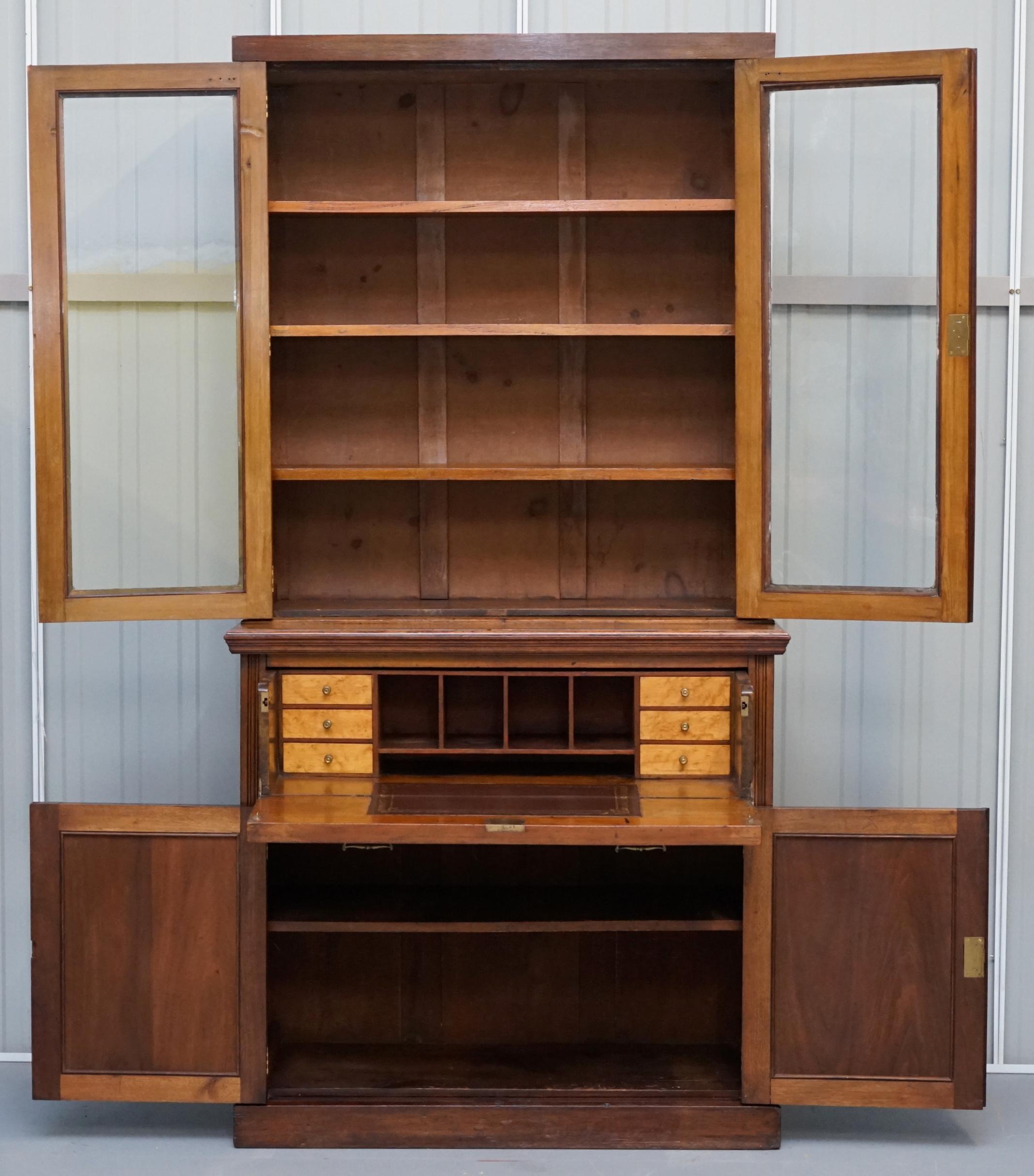 Light Hardwood Library Bookcase Secrétaire Desk Brown Leather Surface For Sale 2