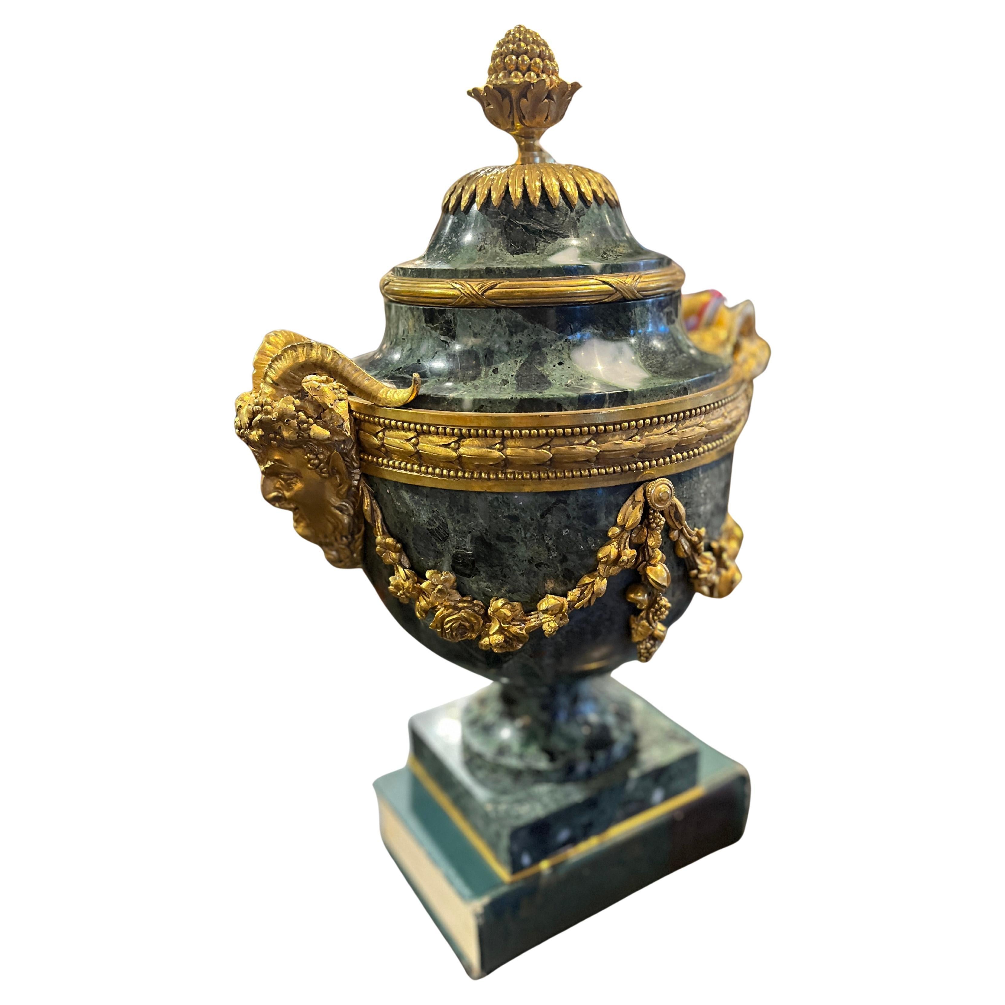 Circa 1880 Louis XVI Style Green Marble Urn Bronze Dore Mounts