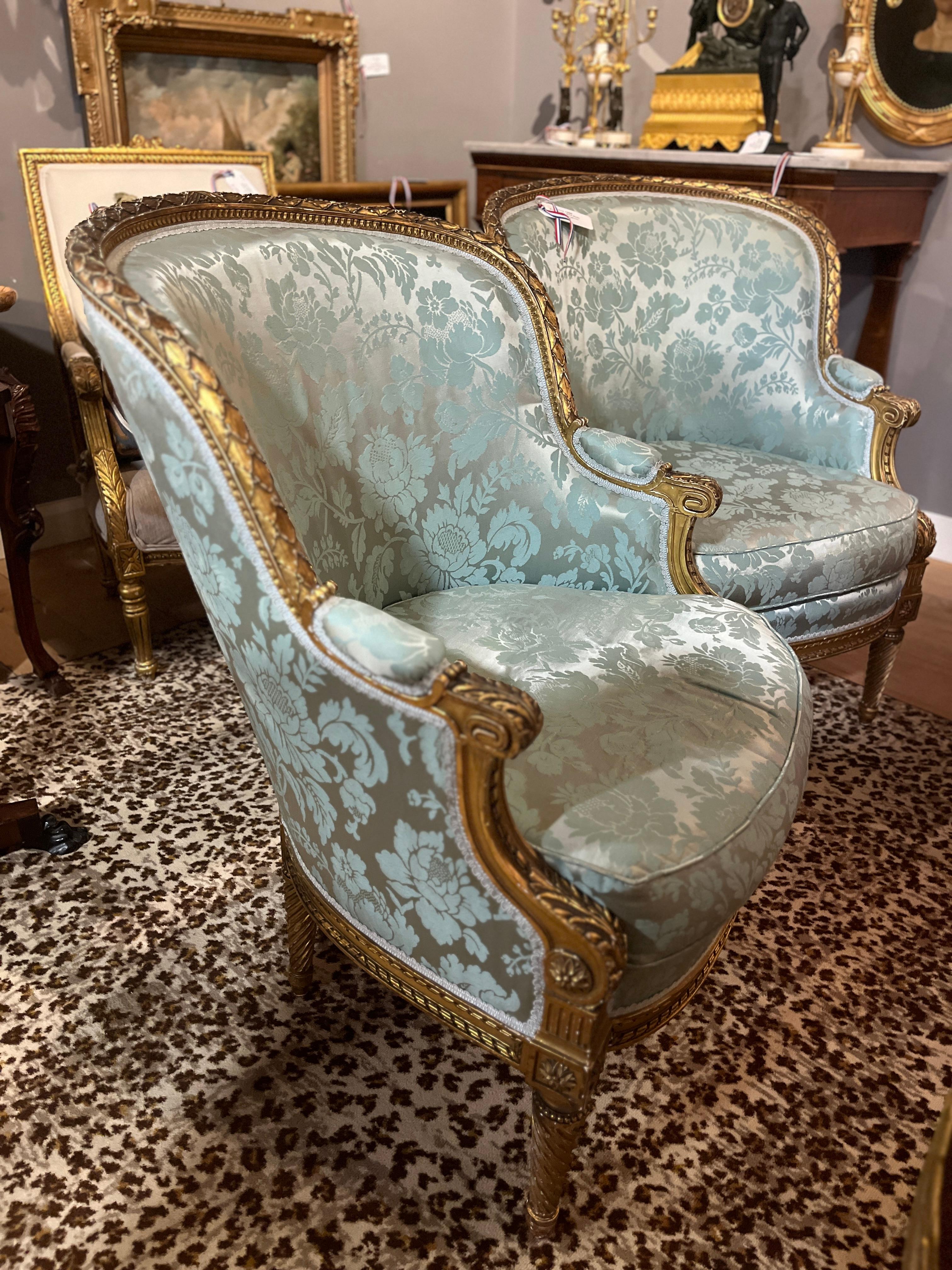 CIRCA 1880 Paar Louis XVI Stil Giltwood Bergeres (Französisch) im Angebot