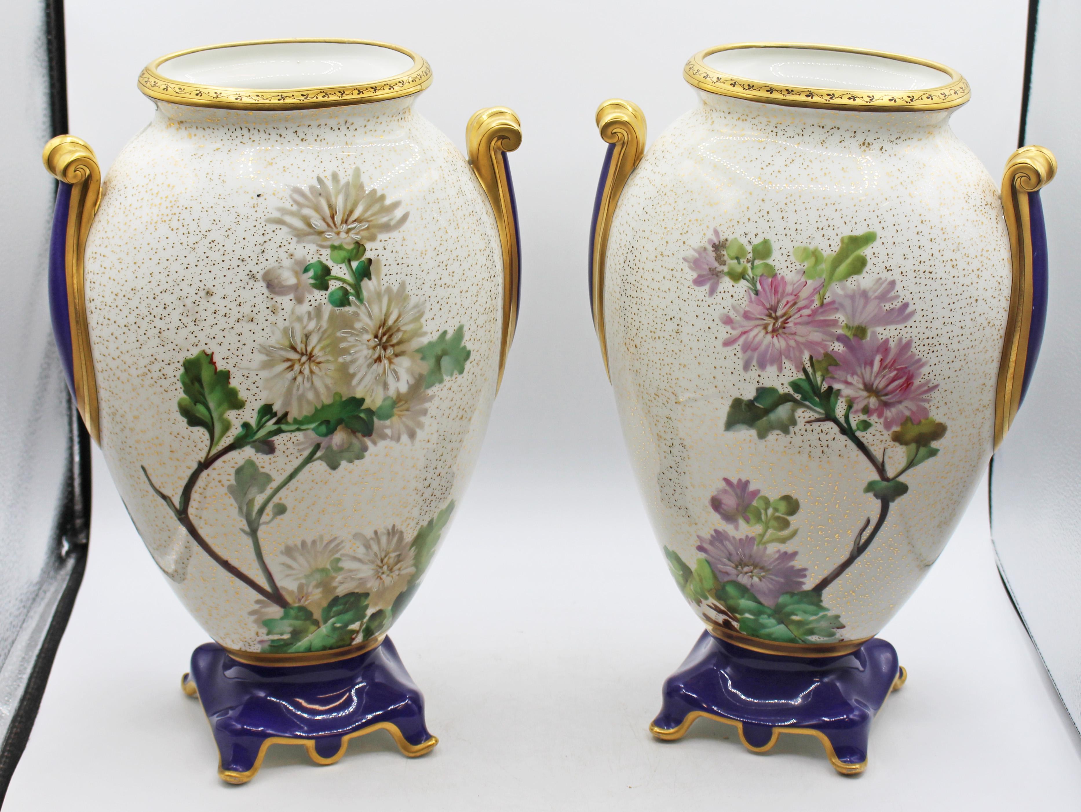Circa 1880 Pair of French Porcelain Large Ovoid Form Vases. Aesthetic Movement. Each decorated with vast reserve featuring a bird on a flowering branch watching butterflies, reversing to large floral stems - the seasons are represented in the