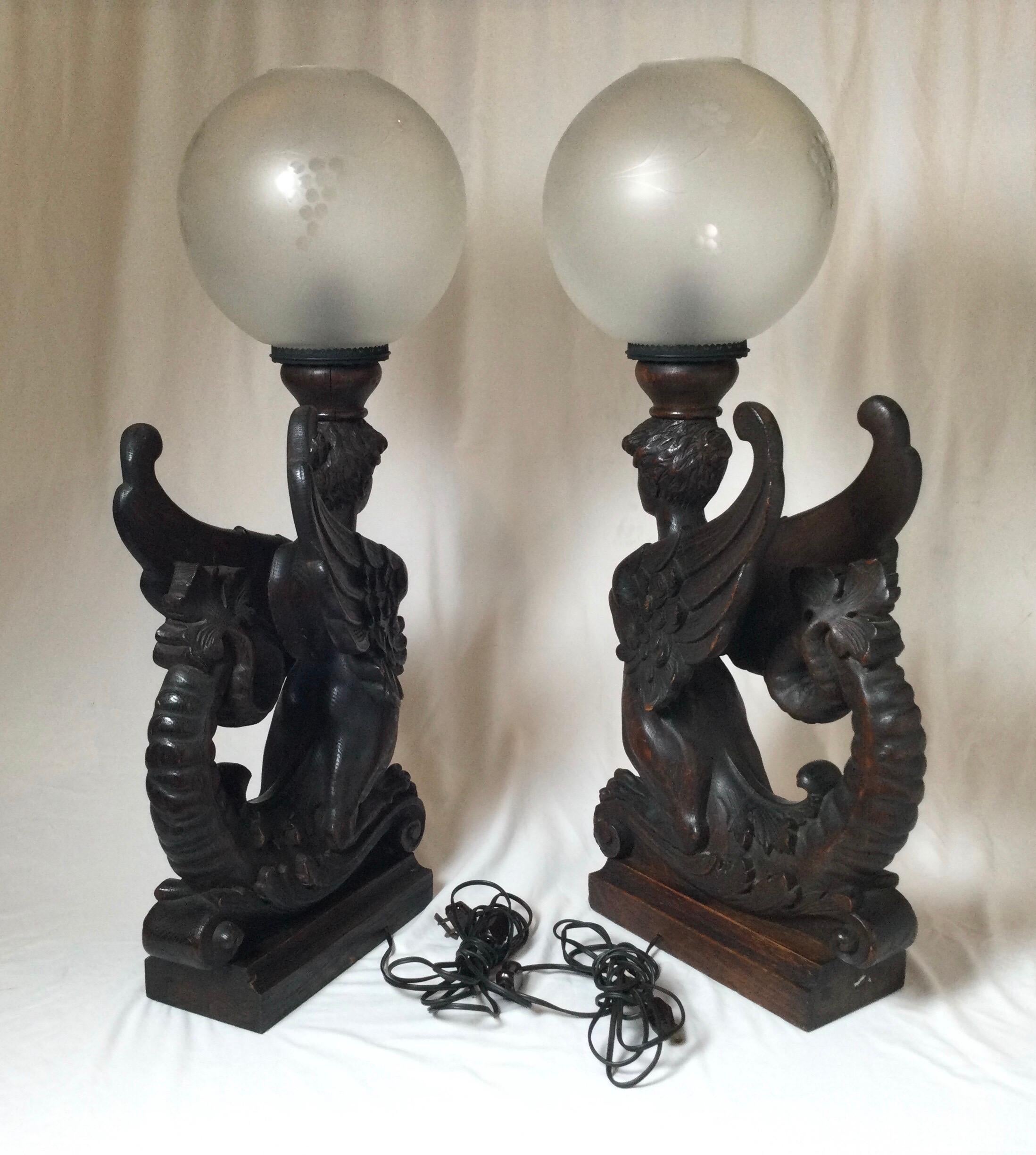 Circa 1880 Pair of Great Hand Carved Wood Winged Caryatids-Griffins Now as Lamps For Sale 4