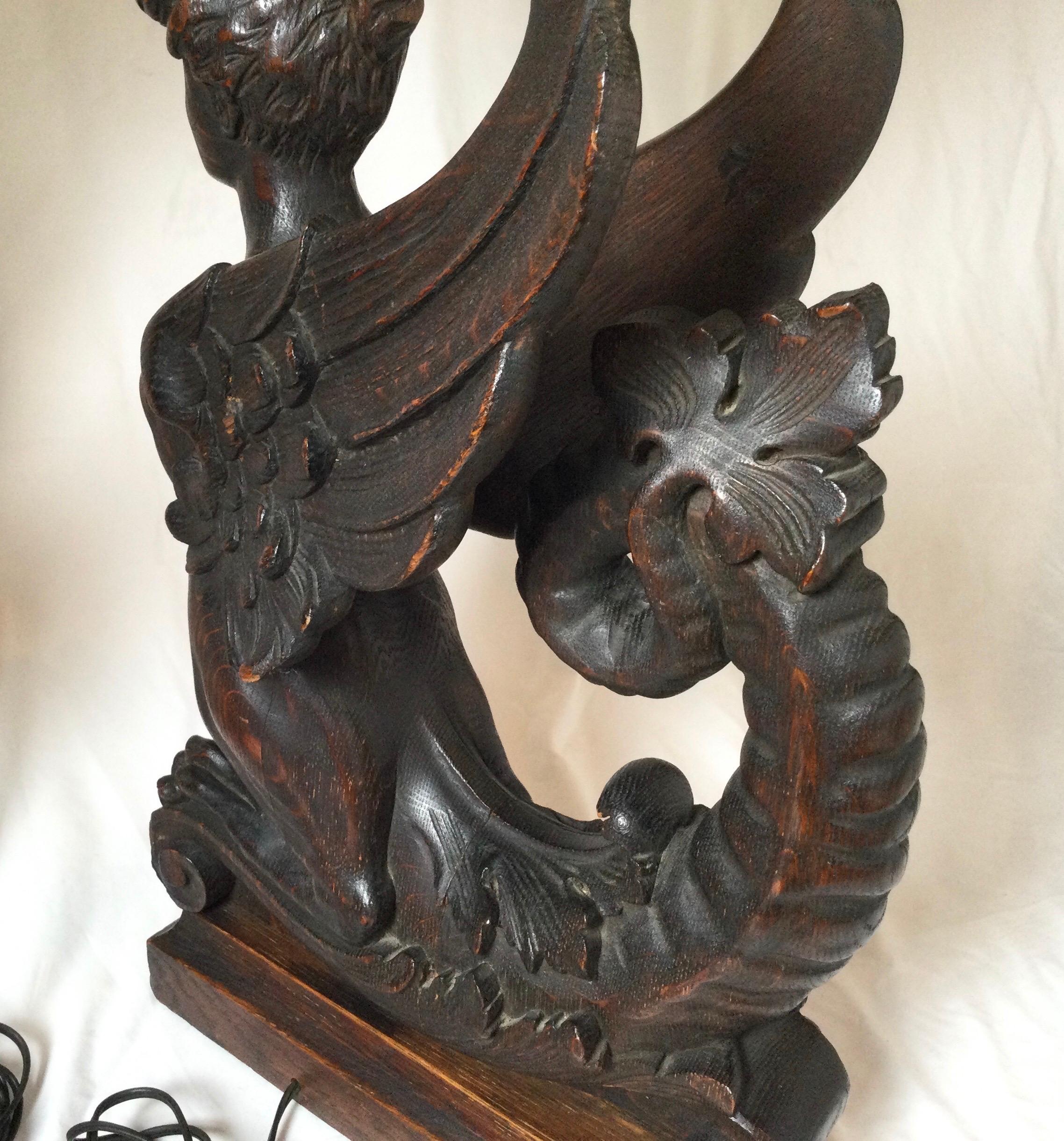 Circa 1880 Pair of Great Hand Carved Wood Winged Caryatids-Griffins Now as Lamps For Sale 5