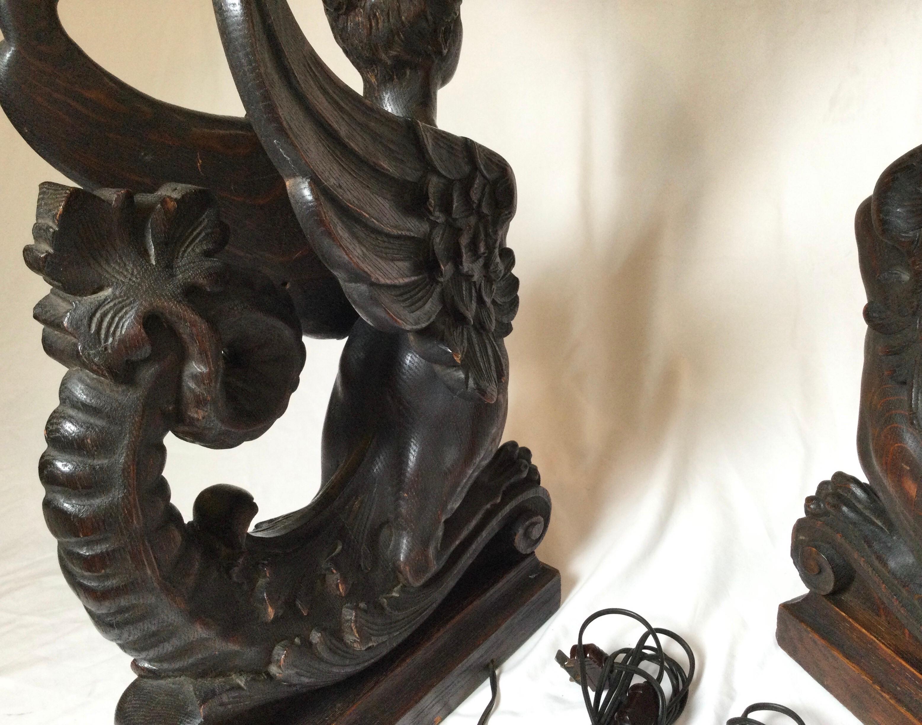 Circa 1880 Pair of Great Hand Carved Wood Winged Caryatids-Griffins Now as Lamps For Sale 6