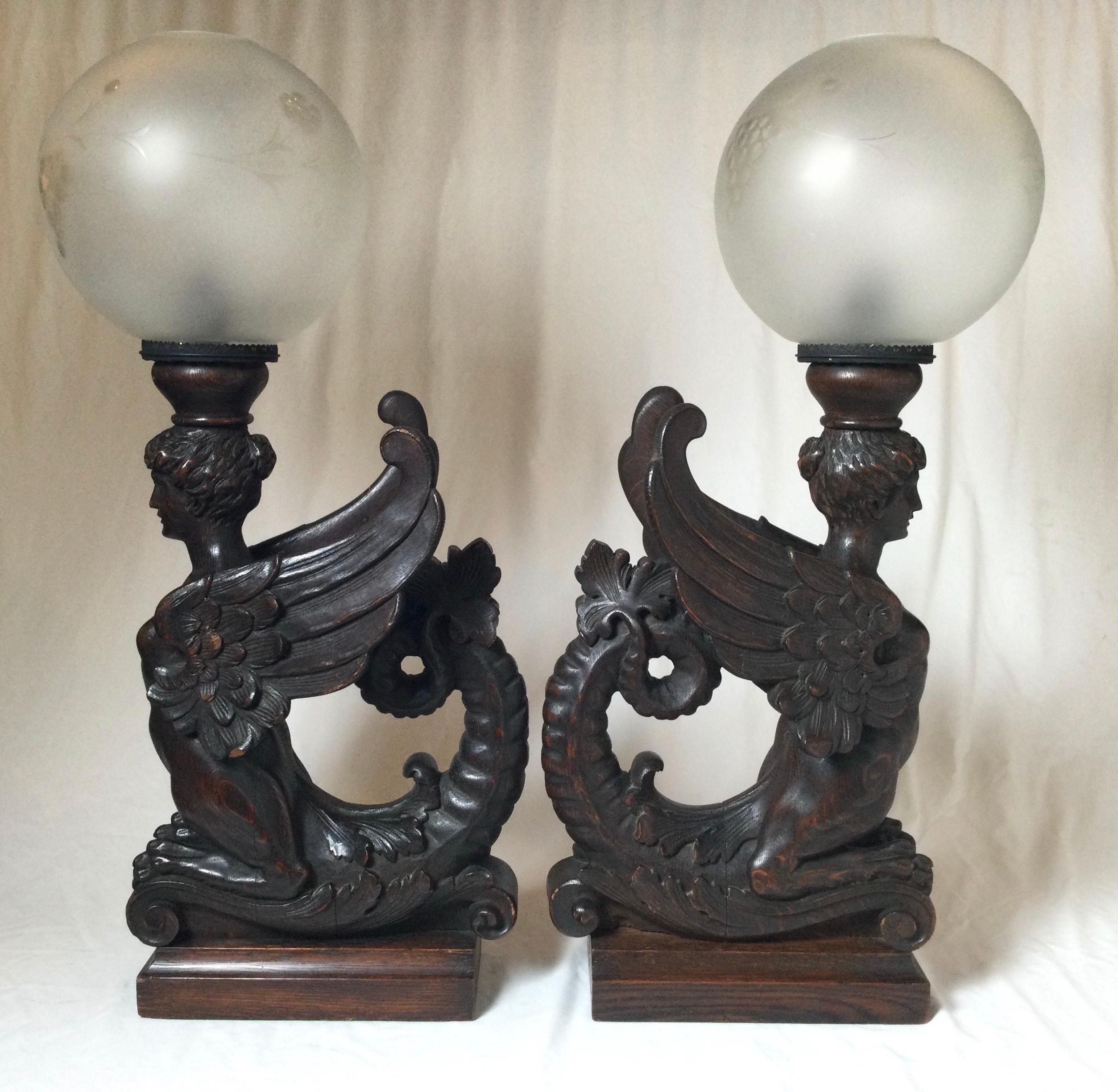 Circa 1880 Pair of Great Hand Carved Wood Winged Caryatids-Griffins Now as Lamps For Sale 7