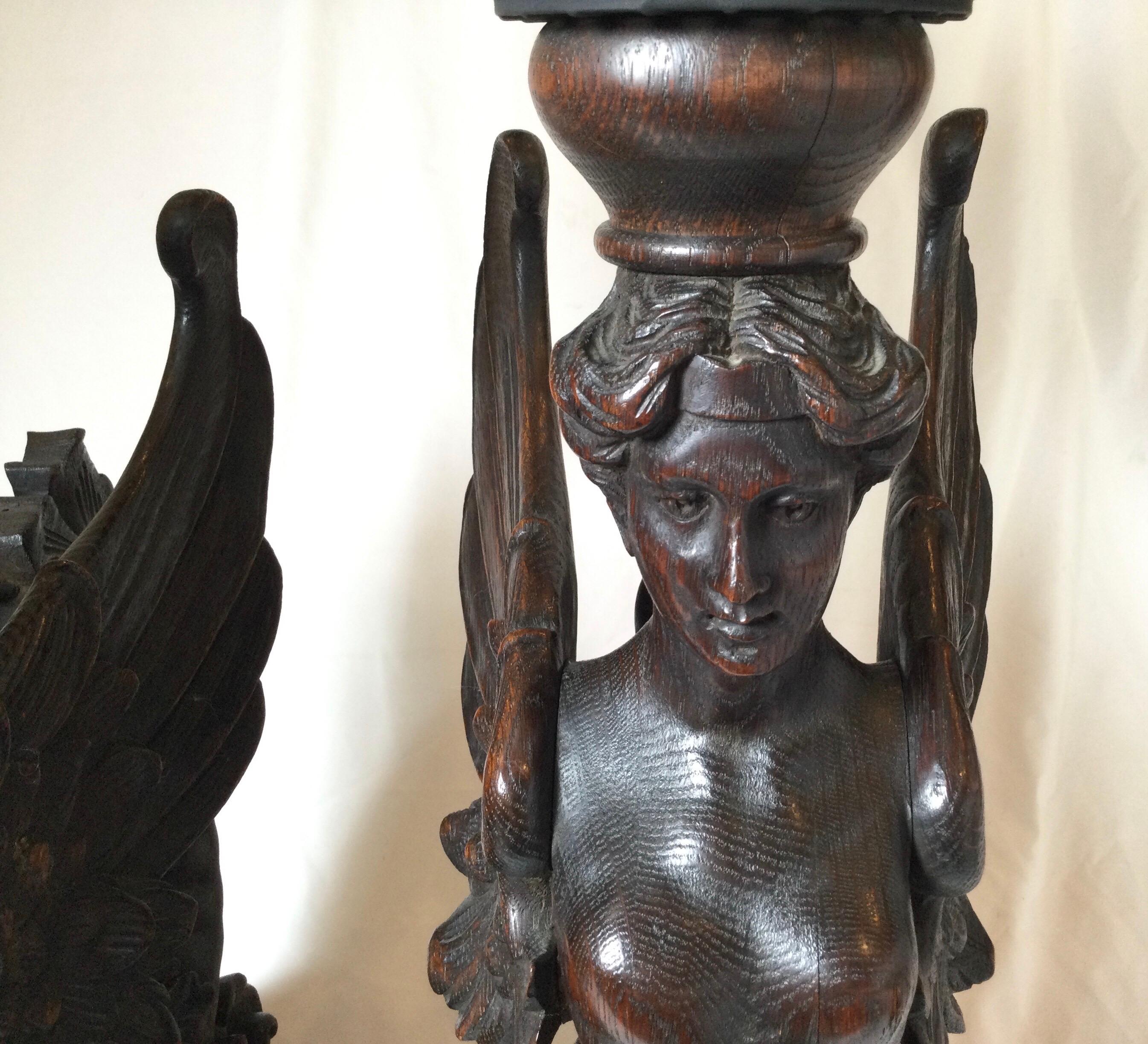 Circa 1880 Pair of Great Hand Carved Wood Winged Caryatids-Griffins Now as Lamps In Good Condition For Sale In Lambertville, NJ