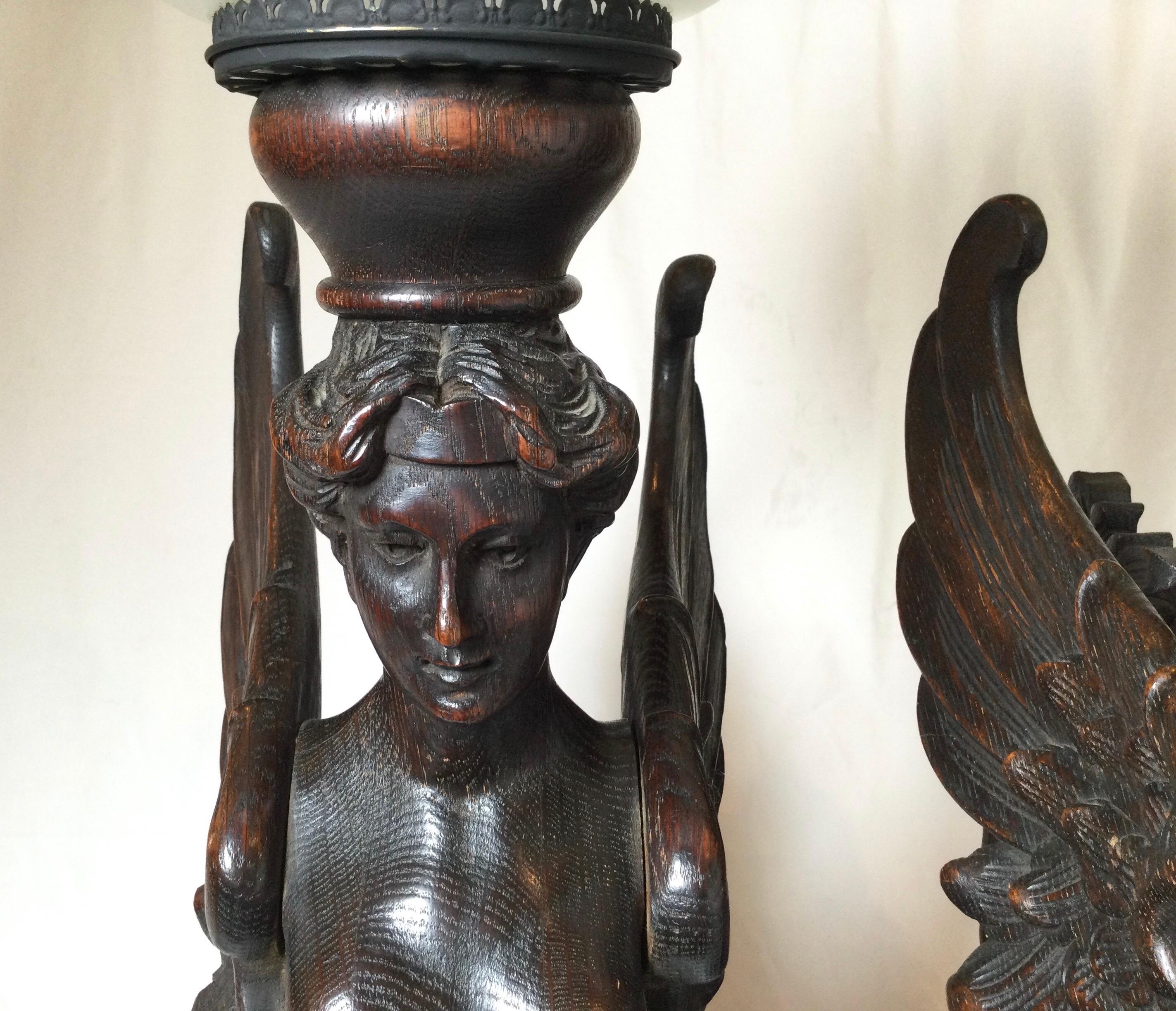 19th Century Circa 1880 Pair of Great Hand Carved Wood Winged Caryatids-Griffins Now as Lamps For Sale