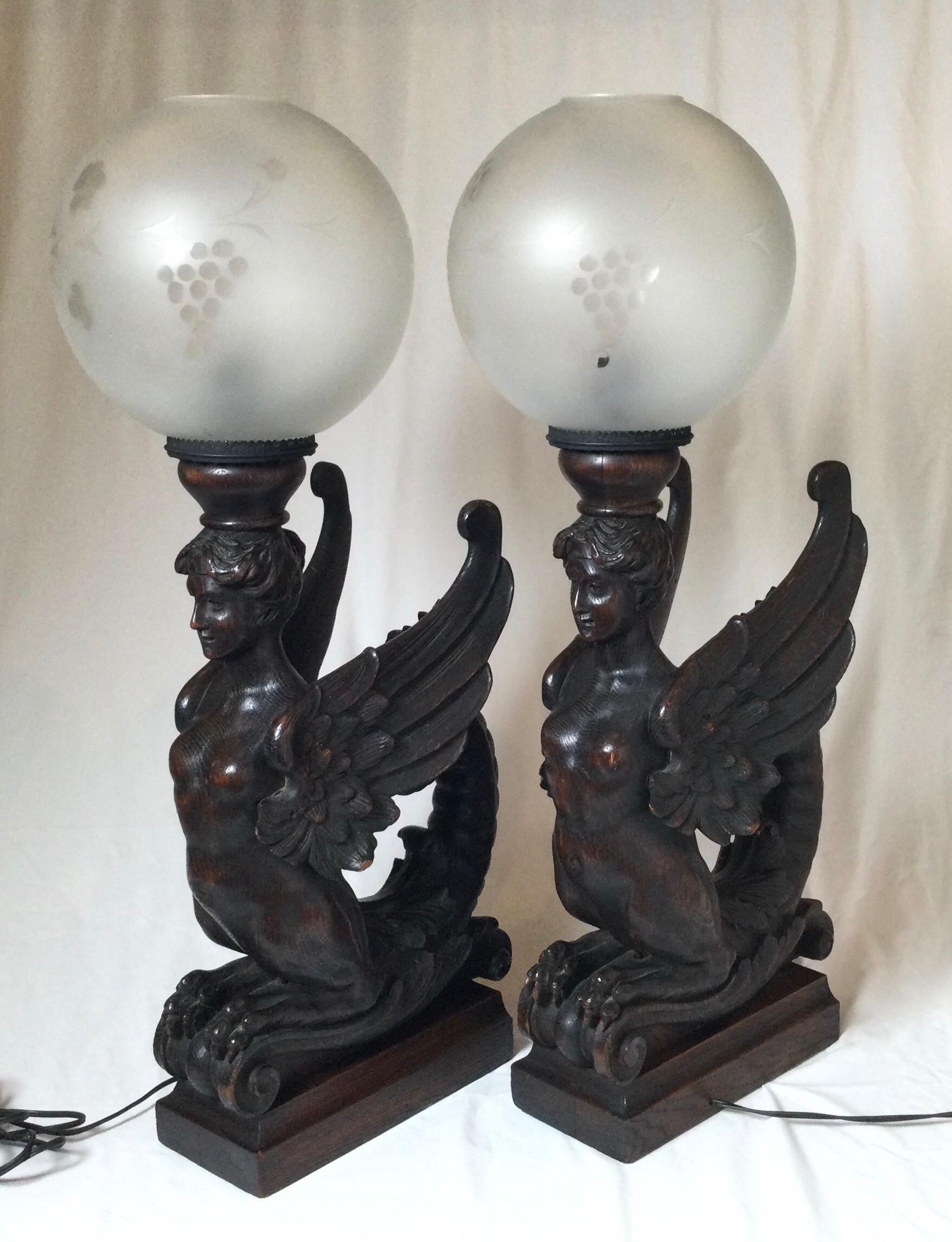 Circa 1880 Pair of Great Hand Carved Wood Winged Caryatids-Griffins Now as Lamps For Sale 1