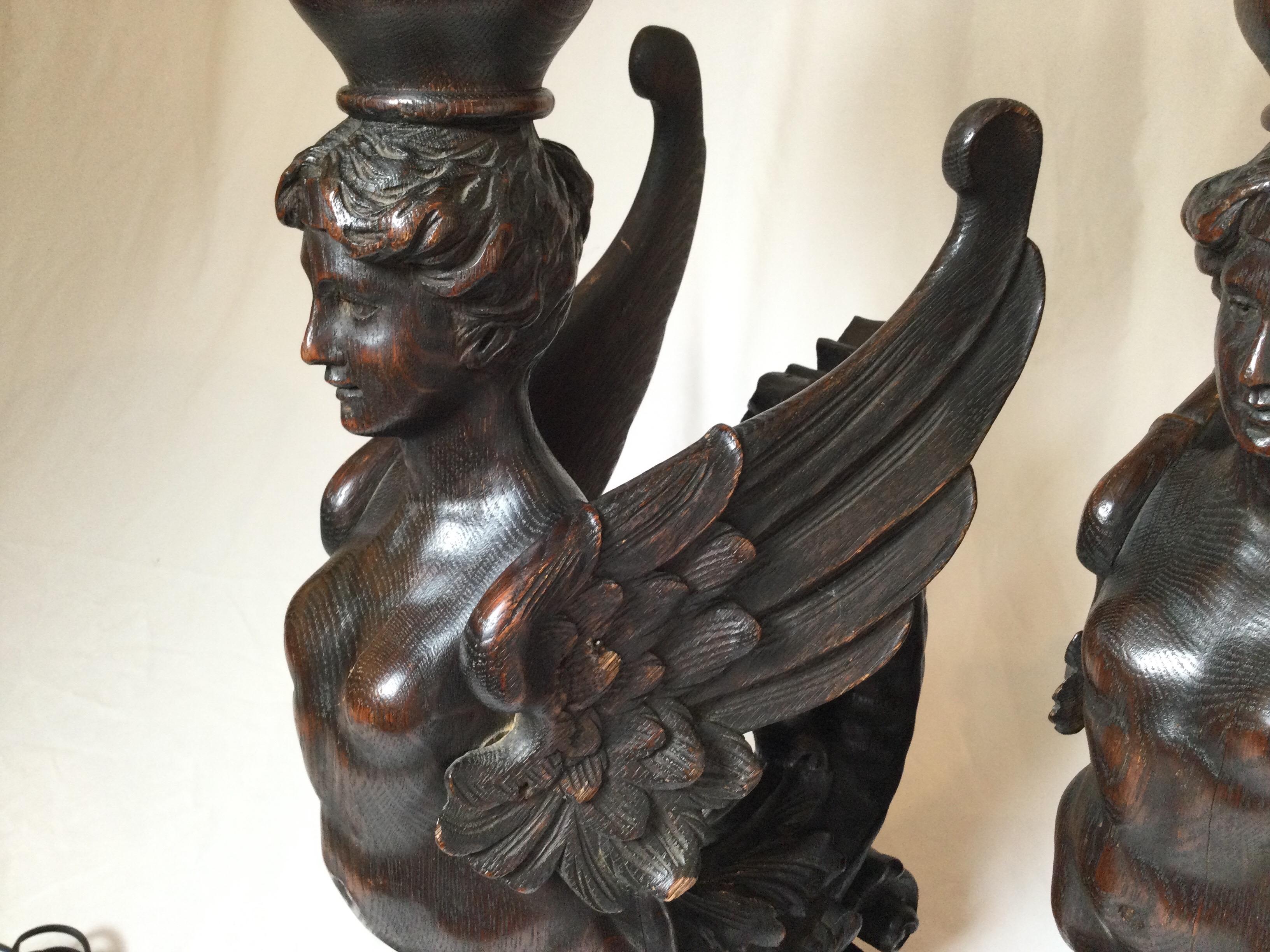 Circa 1880 Pair of Great Hand Carved Wood Winged Caryatids-Griffins Now as Lamps For Sale 2