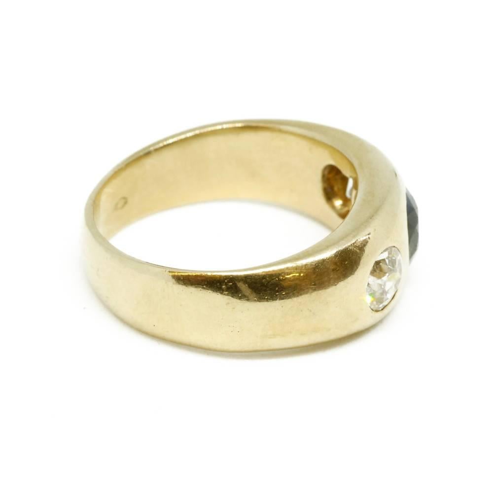 Victorian Circa 1880 Sapphire and Diamond 18 Karat Yellow Gold Three Stone Gypsy Ring