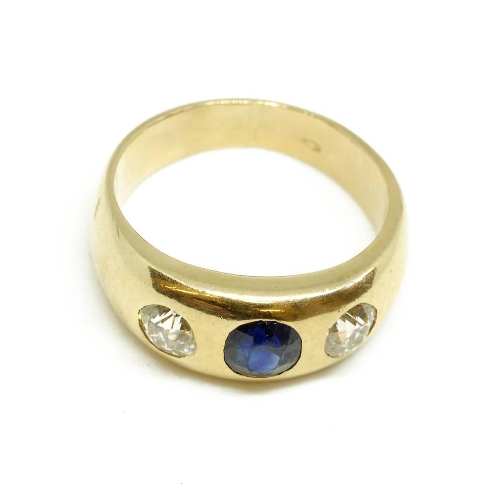 Cushion Cut Circa 1880 Sapphire and Diamond 18 Karat Yellow Gold Three Stone Gypsy Ring