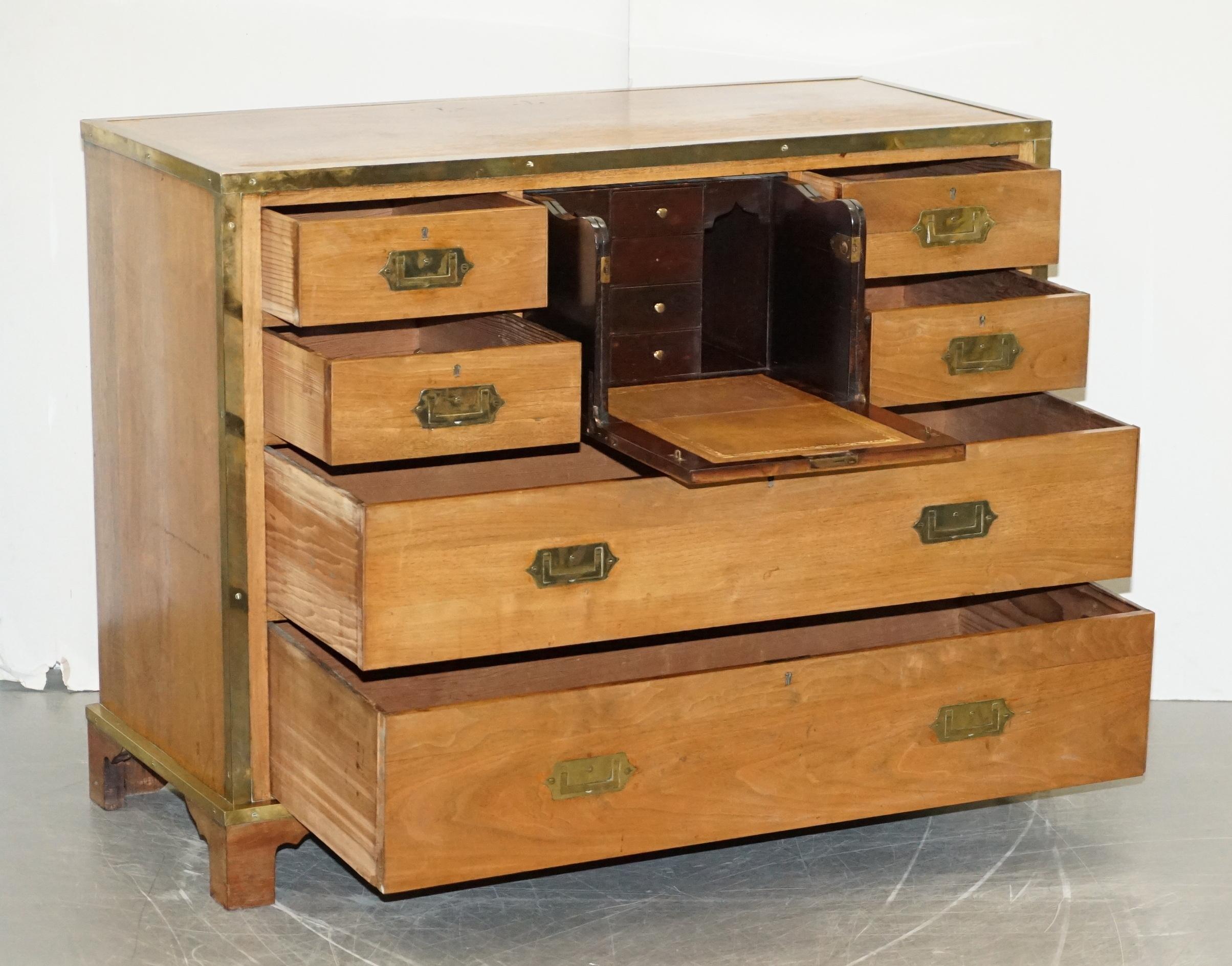 Circa 1880 Solid Oak & Brass Military Campaign Chest of Drawers Secrataire Desk For Sale 10