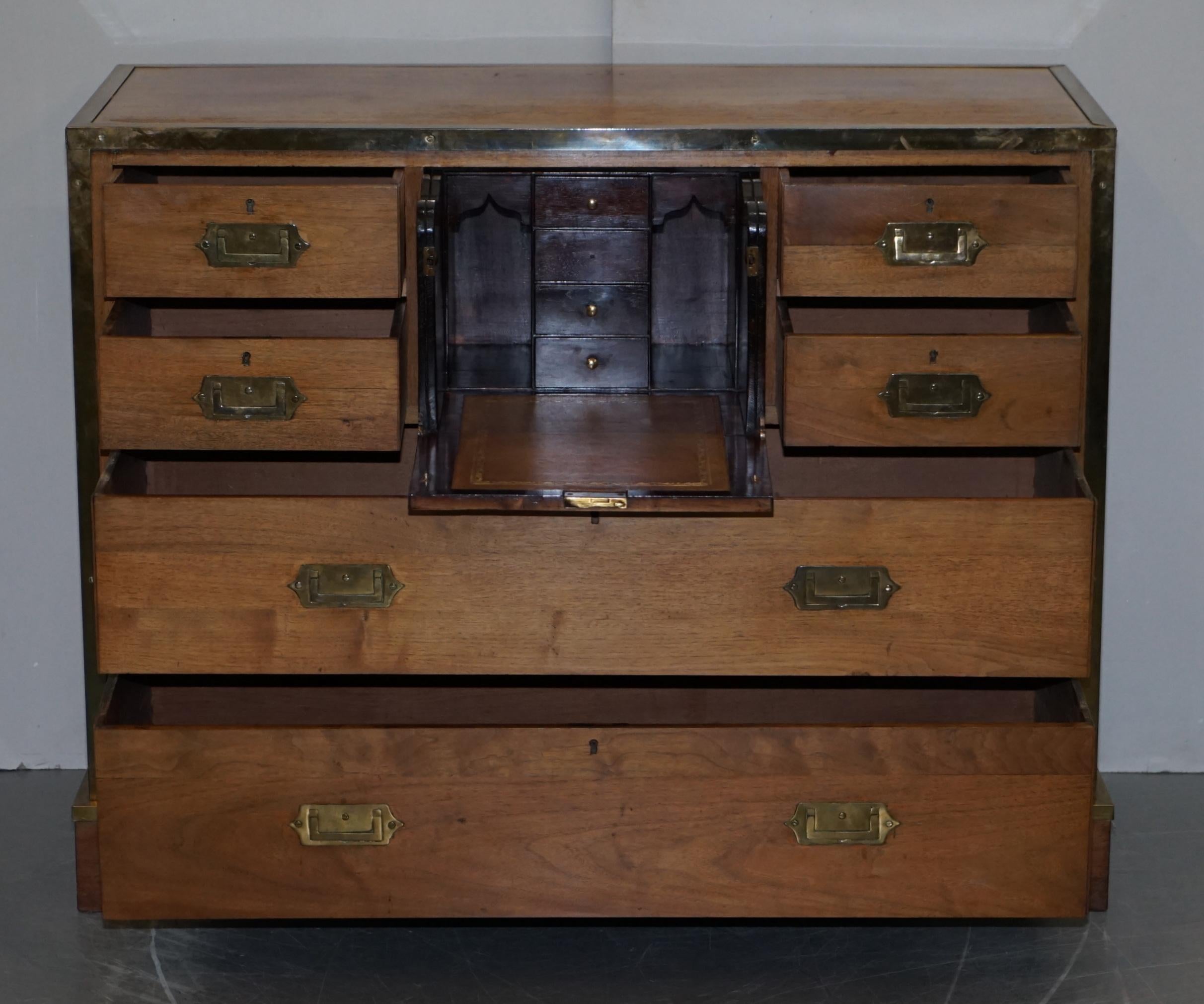 Circa 1880 Solid Oak & Brass Military Campaign Chest of Drawers Secrataire Desk For Sale 11