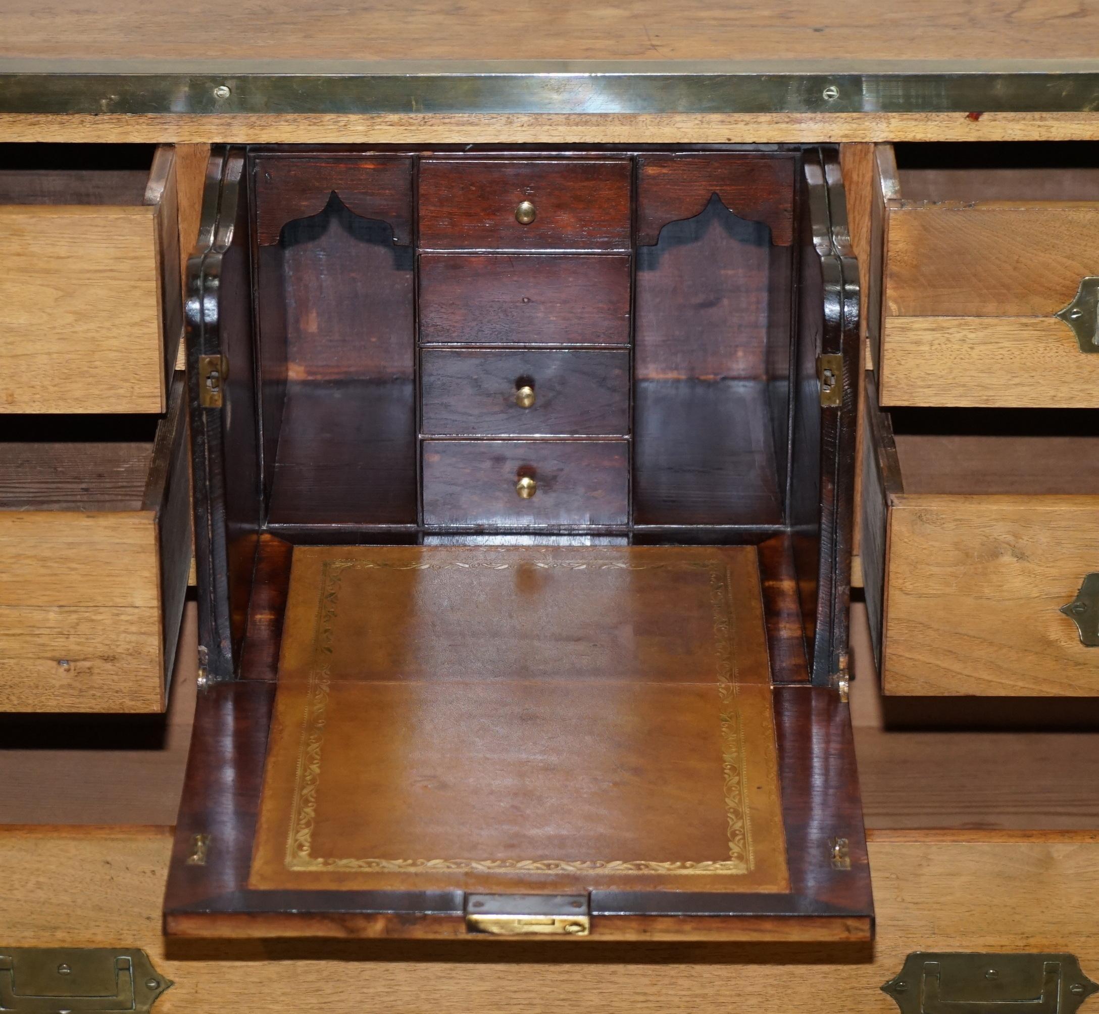 Circa 1880 Solid Oak & Brass Military Campaign Chest of Drawers Secrataire Desk For Sale 12