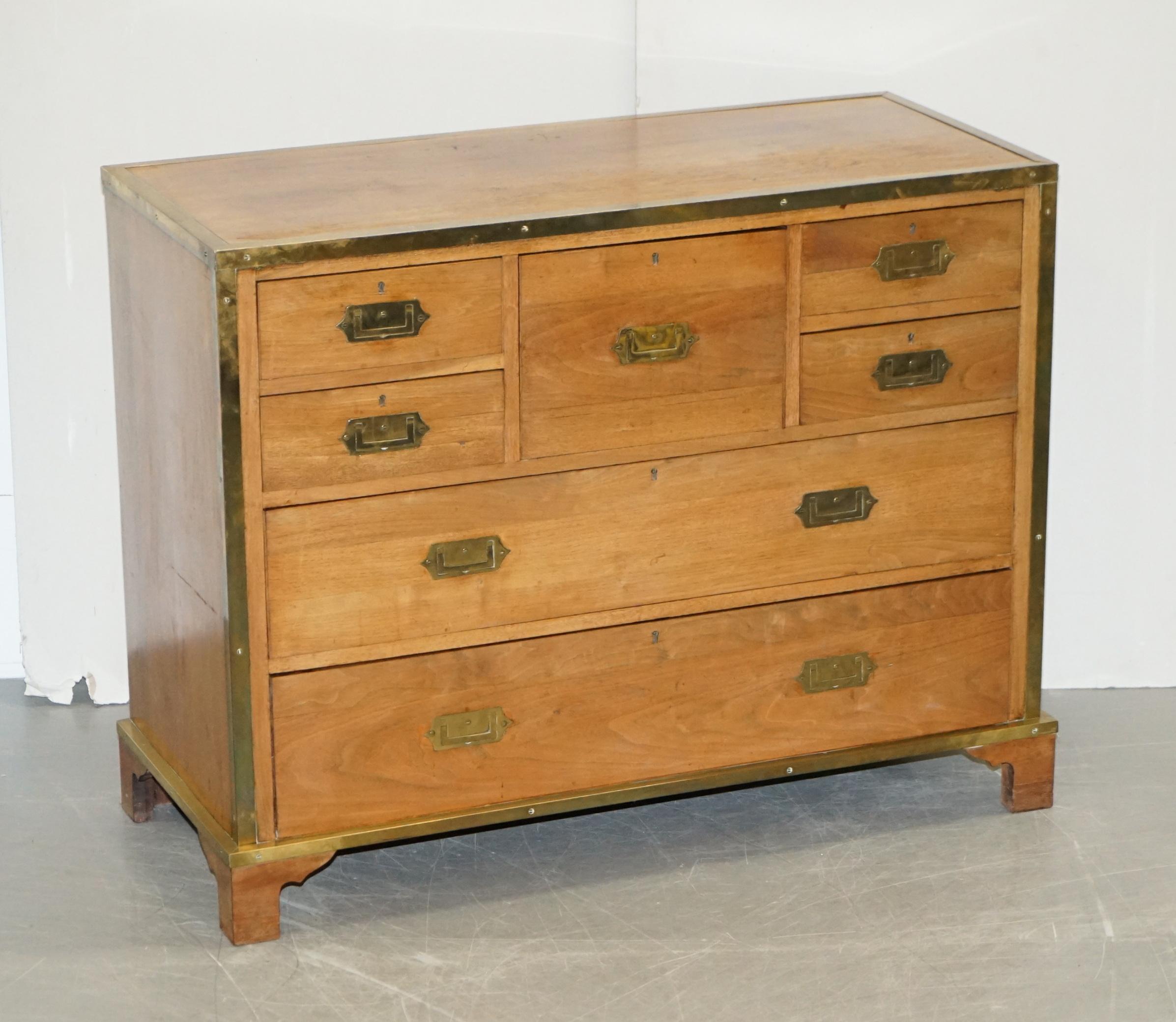 We are delighted to offer for sale this very fine, highly collectable solid oak with over sized brass fittings Military Campaign chest of drawers with mahogany lined & brown leather secretaire desk circa 1880

This is a very fine and rare piece of