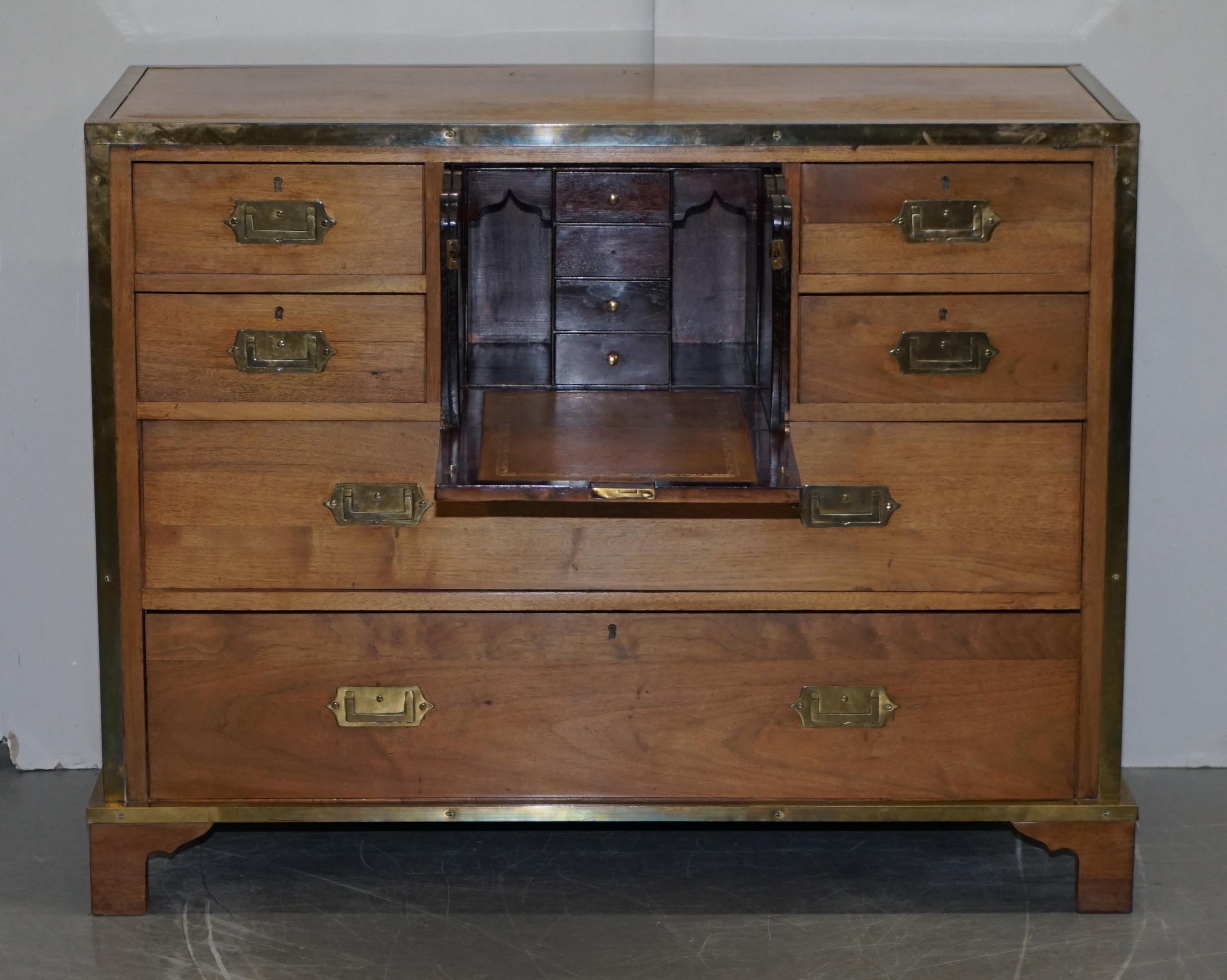 Circa 1880 Solid Oak & Brass Military Campaign Chest of Drawers Secrataire Desk For Sale 15