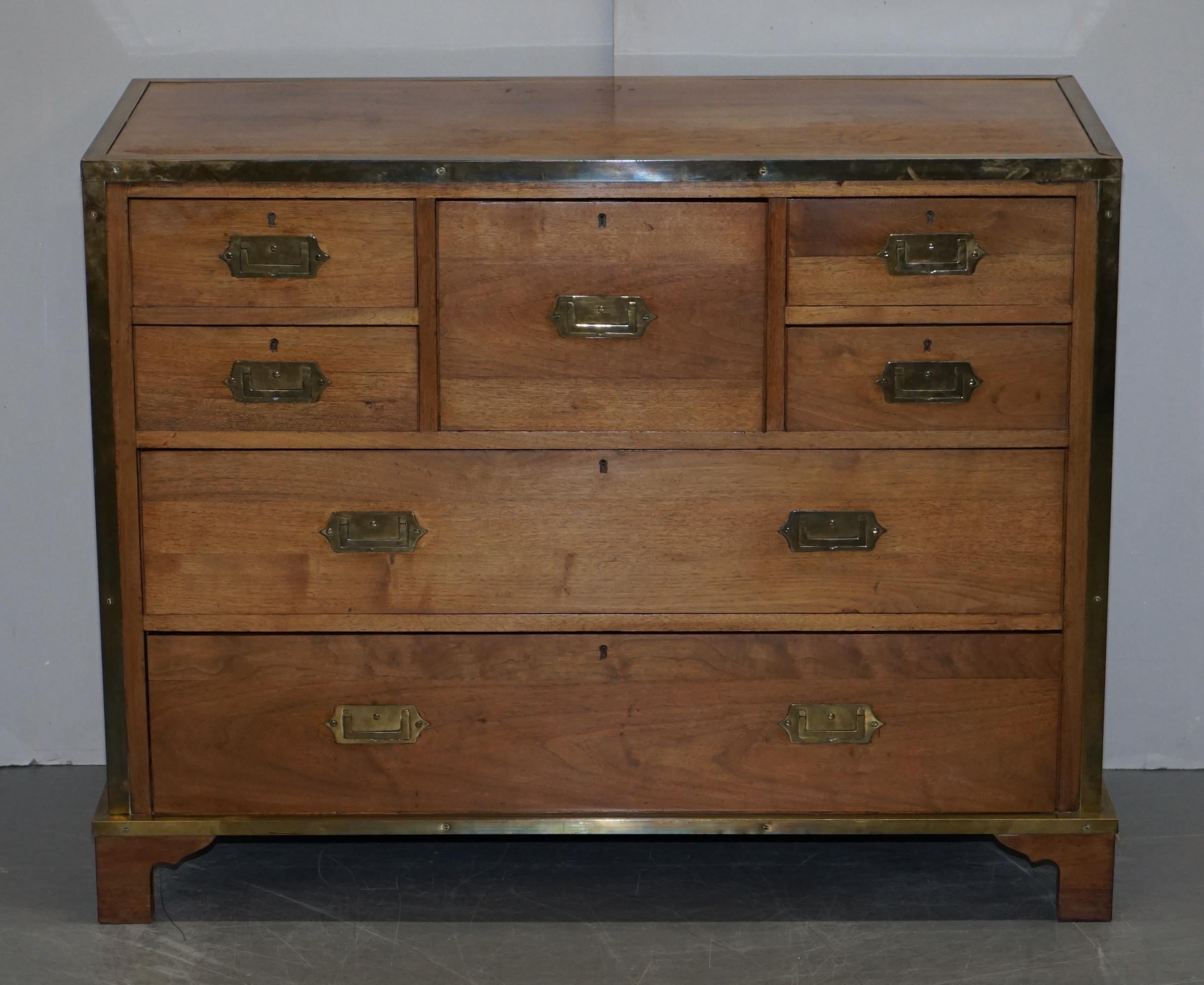 English Circa 1880 Solid Oak & Brass Military Campaign Chest of Drawers Secrataire Desk For Sale