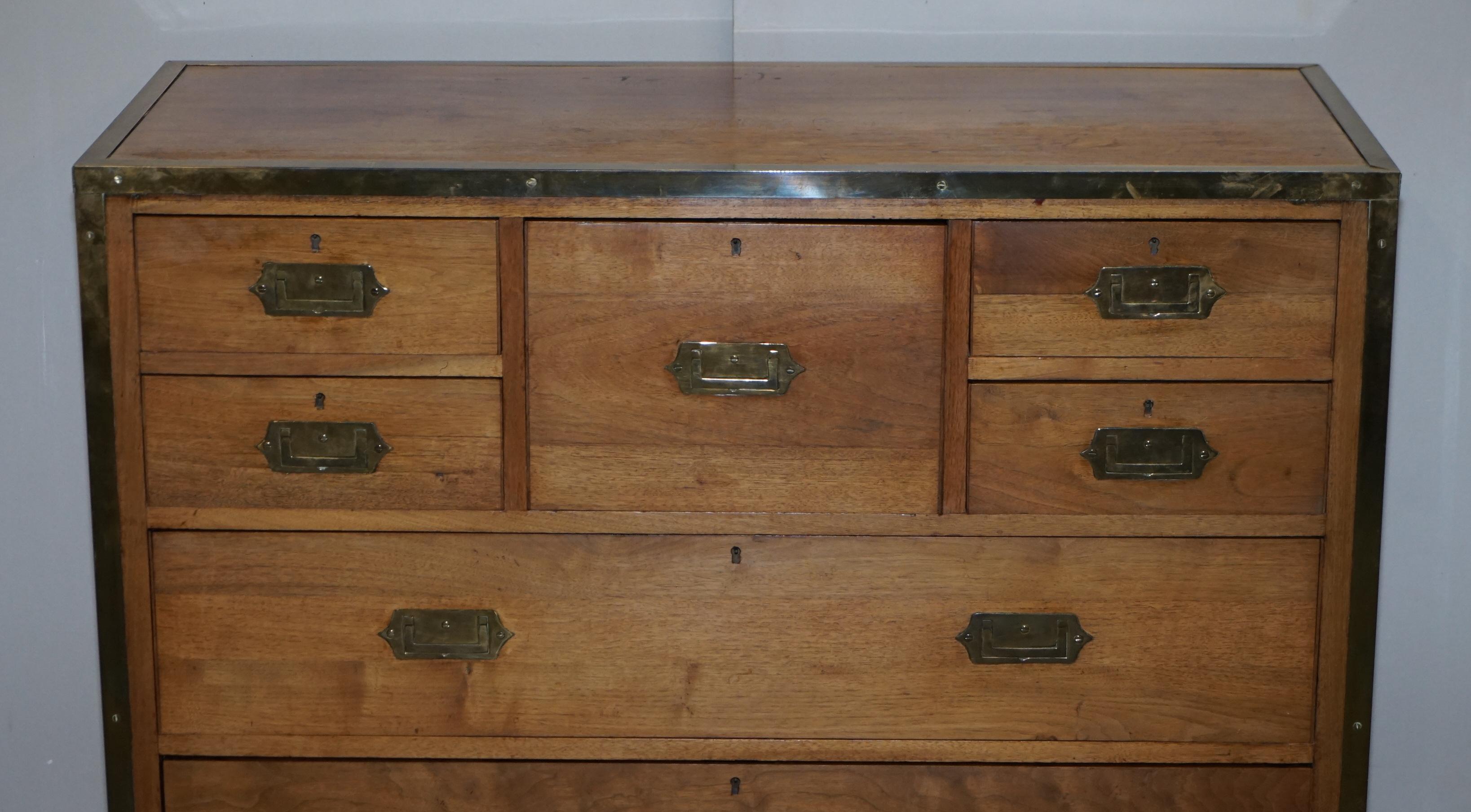 Hand-Crafted Circa 1880 Solid Oak & Brass Military Campaign Chest of Drawers Secrataire Desk For Sale