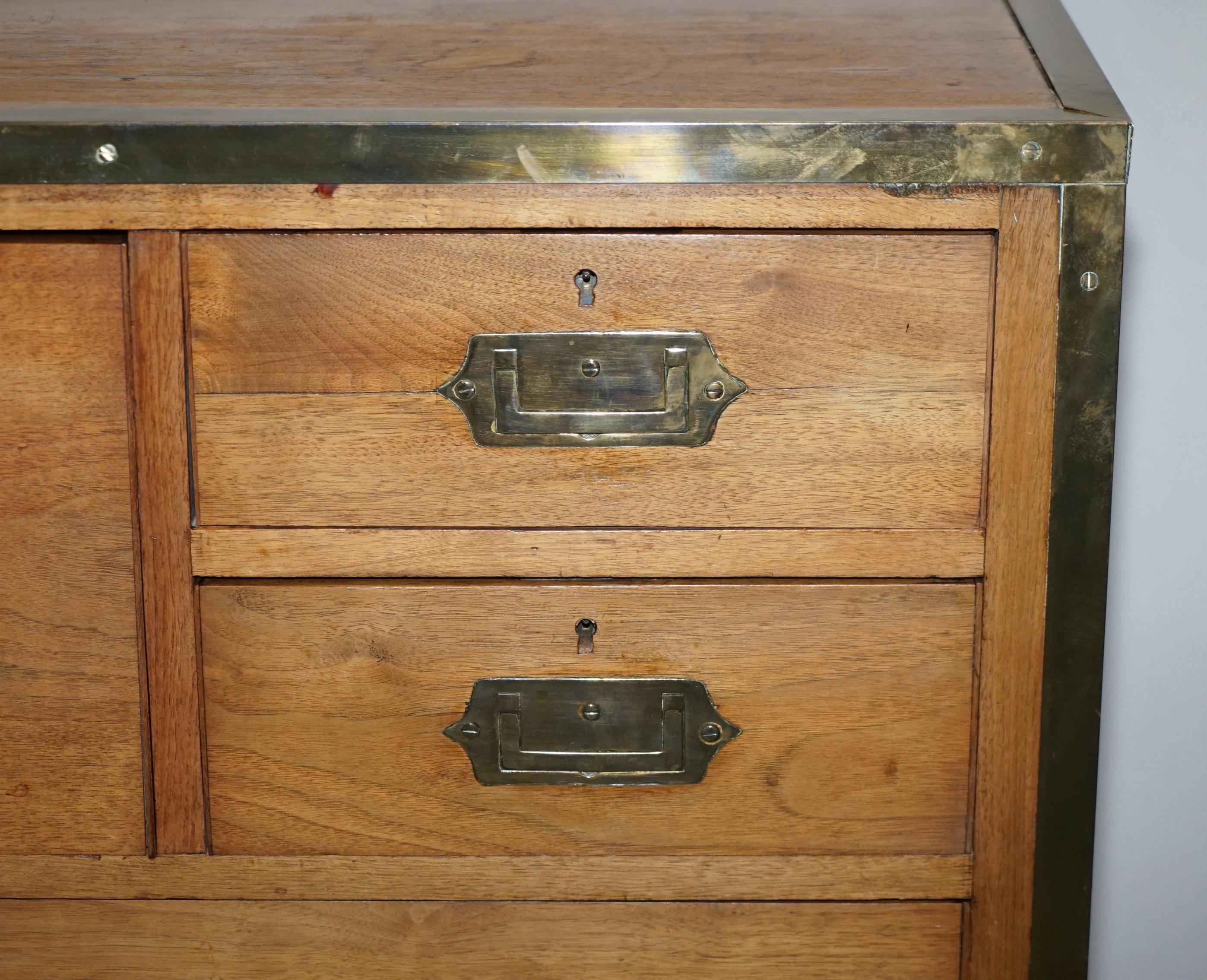 Circa 1880 Solid Oak & Brass Military Campaign Chest of Drawers Secrataire Desk For Sale 2