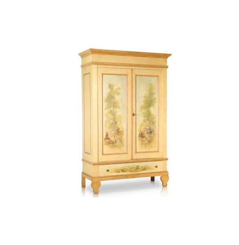 This incredible pine armoire was found in Venezia, Italy, and has been dated at approximately C. 1880. Delicate, Hand painted foliage on the armoire doors trail down to a depiction of a traditional Italian countryside celebration, where figures have