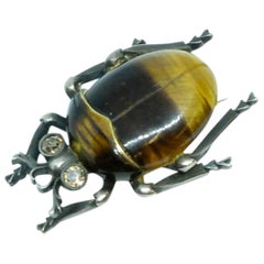 Circa 1880 Victorian Tiger's Eye Beetle Diamond Brooch
