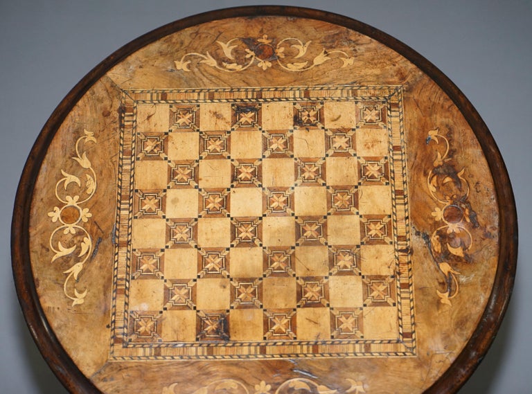 Victorian Walnut and Hardwood  Marquetry Inlaid Chess Games Table Tripod Base, circa 1880 For Sale