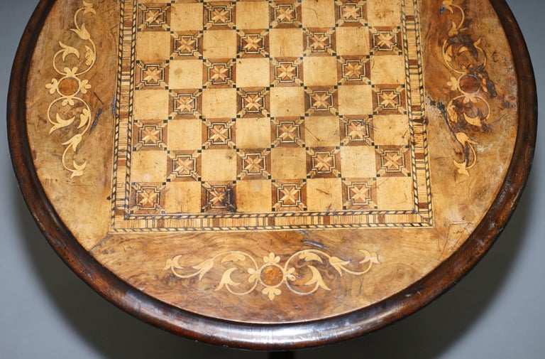 English Walnut and Hardwood  Marquetry Inlaid Chess Games Table Tripod Base, circa 1880 For Sale