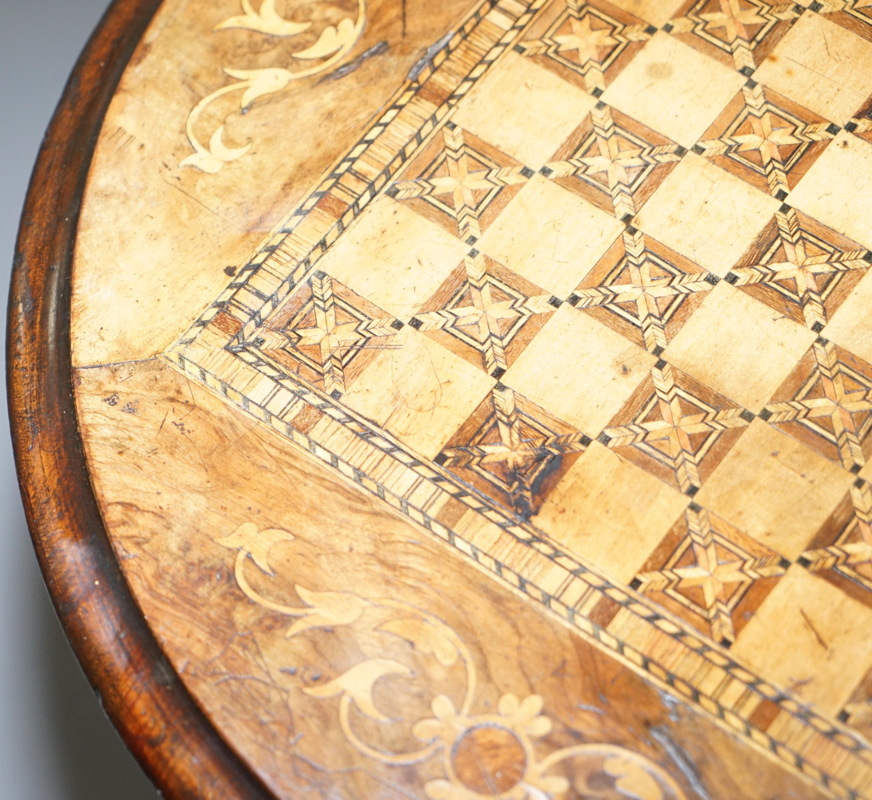 Late 19th Century Walnut and Hardwood  Marquetry Inlaid Chess Games Table Tripod Base, circa 1880