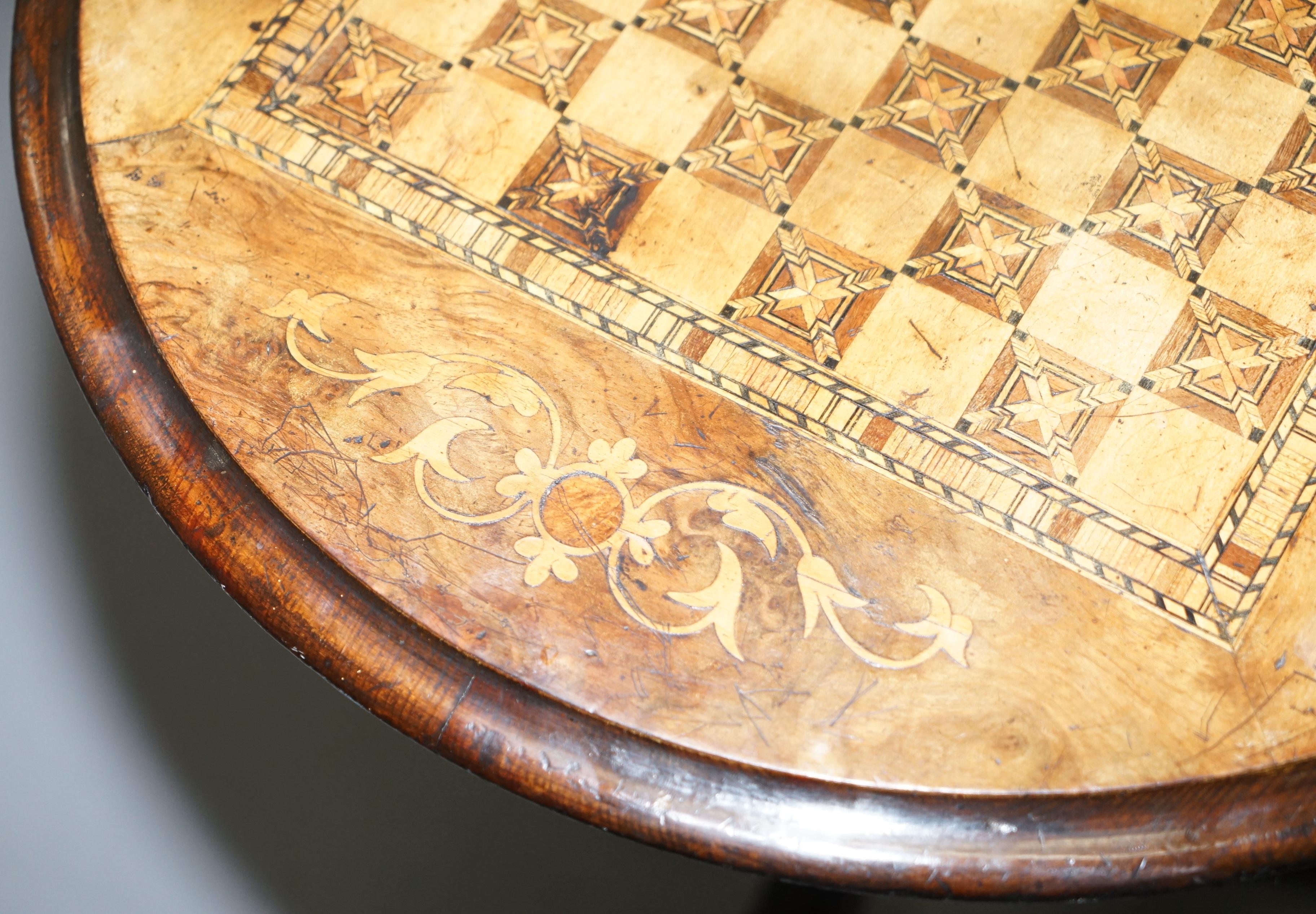 Walnut and Hardwood  Marquetry Inlaid Chess Games Table Tripod Base, circa 1880 1