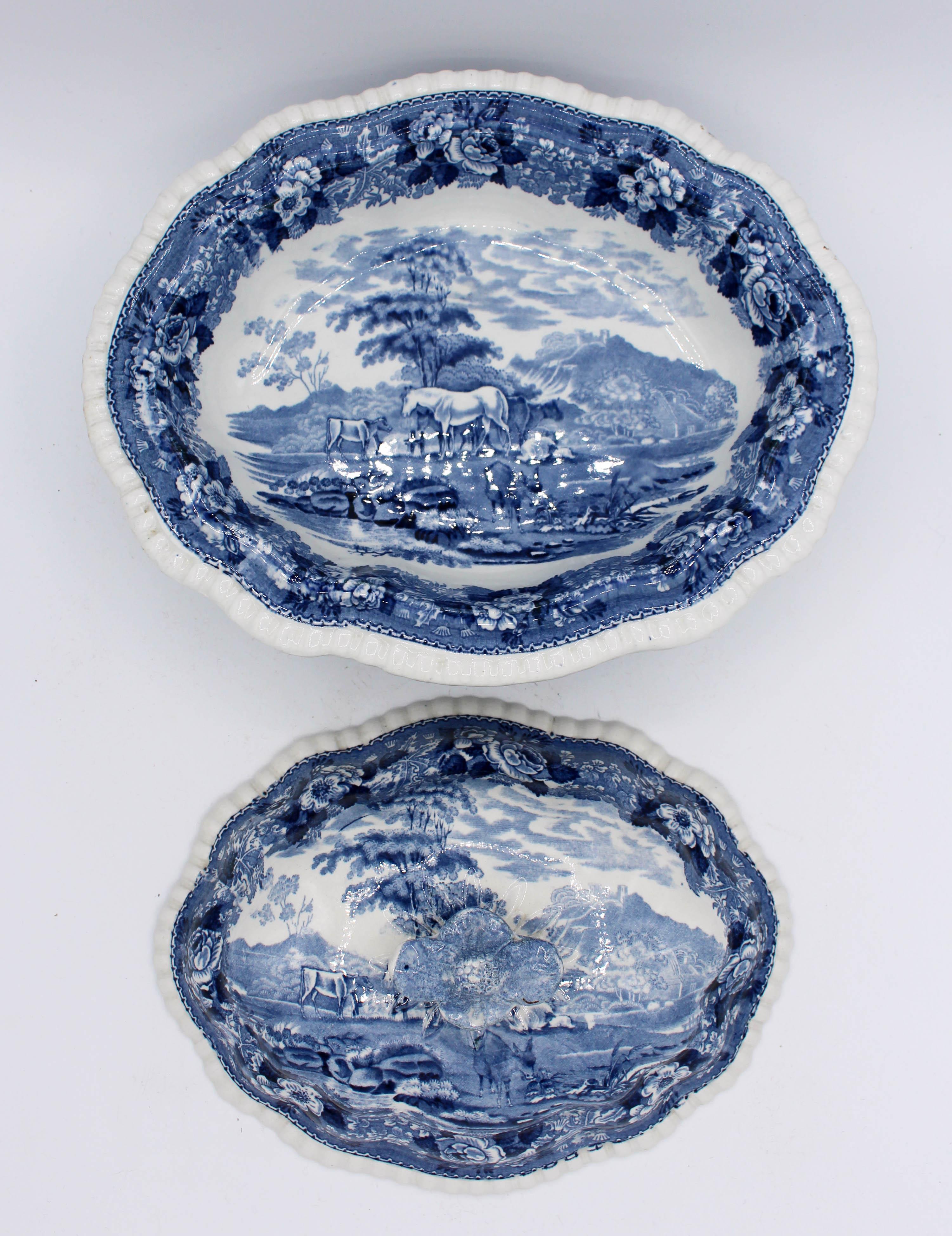 An ironstone covered vegetable dish, c. 1880, William Adams. Blue and white in the charming 