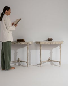 Circa 1880 Wood Pair Of Louis XVI White Patinated Console Tables