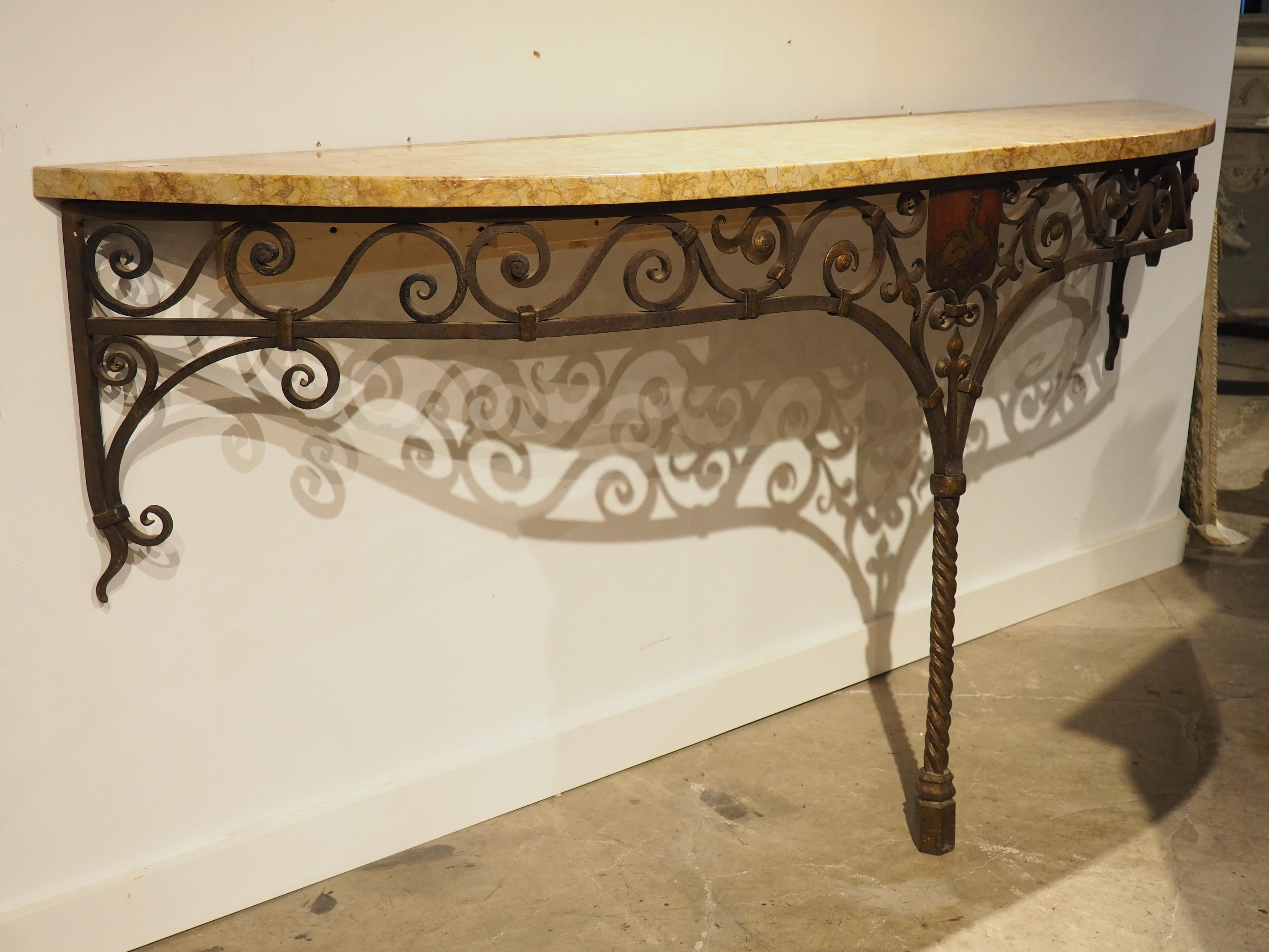 French Circa 1880 Wrought Iron Single Leg Console with Marble Top from Aisne, France