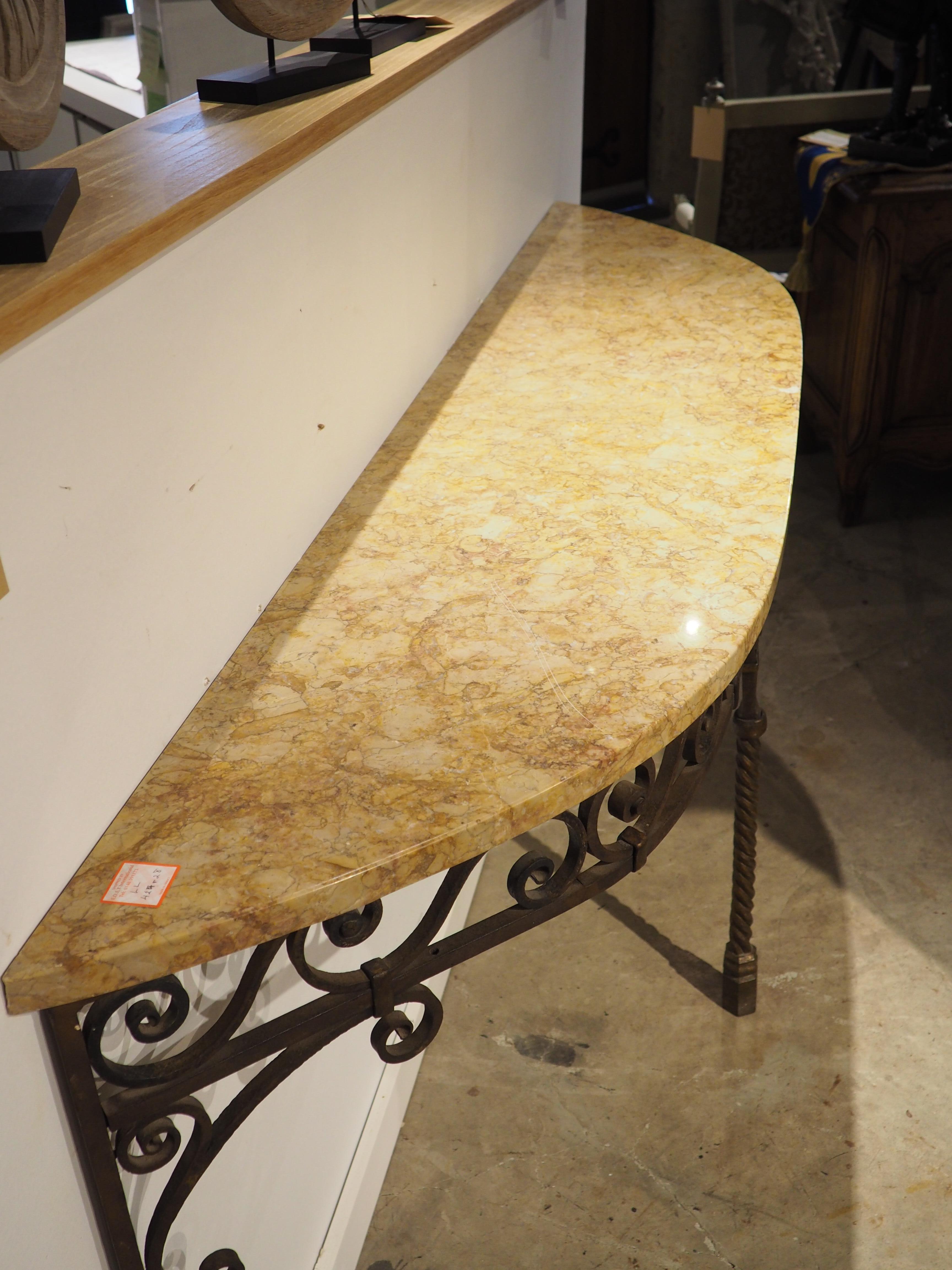 Hand-Carved Circa 1880 Wrought Iron Single Leg Console with Marble Top from Aisne, France