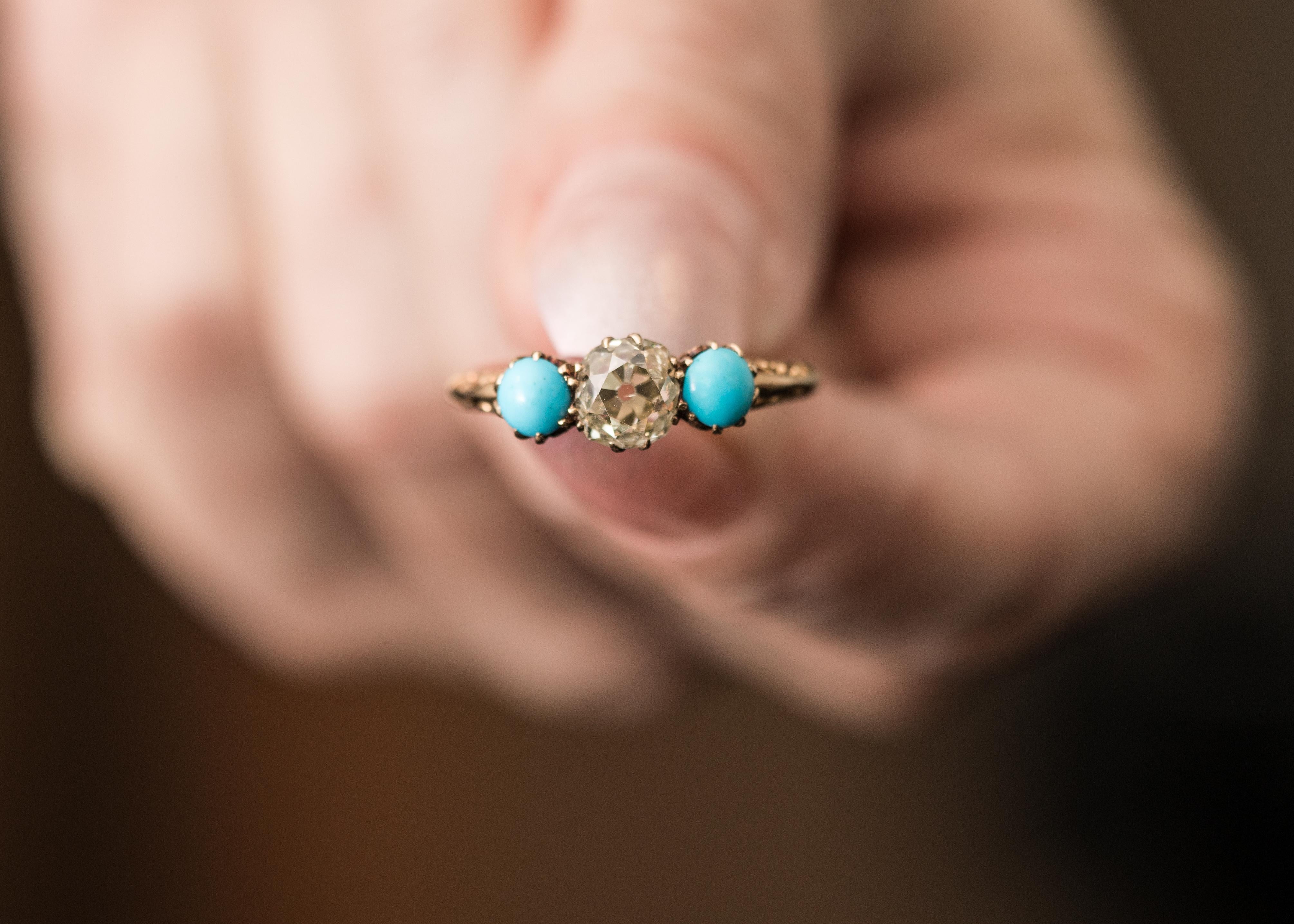 1.2 Carat Victorian Old Mine Cushion Cut and Turquoise Ring, circa 1880s 5