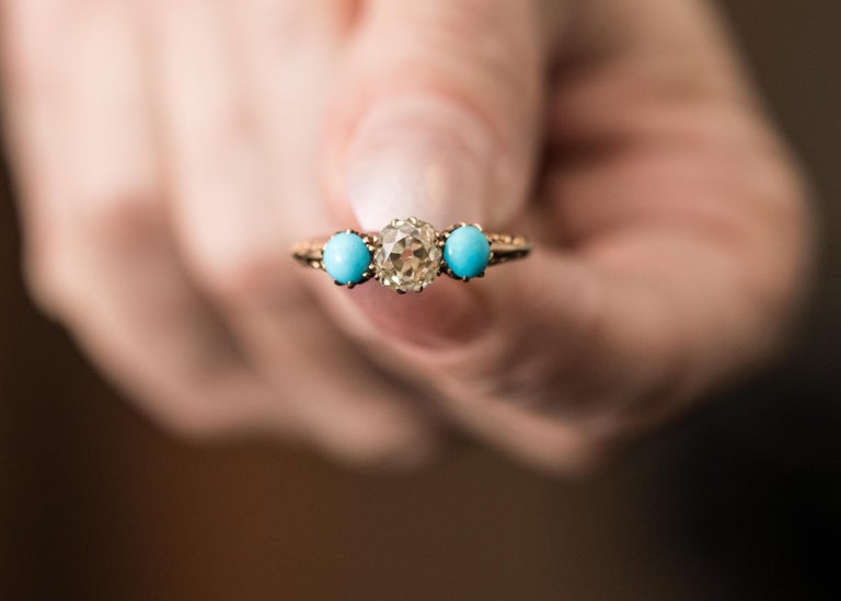 1.2 Carat Victorian Old Mine Cushion Cut and Turquoise Ring, circa 1880s 5