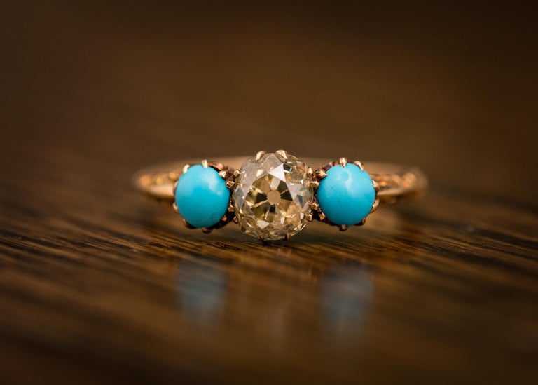 1.2 Carat Victorian Old Mine Cushion Cut and Turquoise Ring, circa 1880s 6
