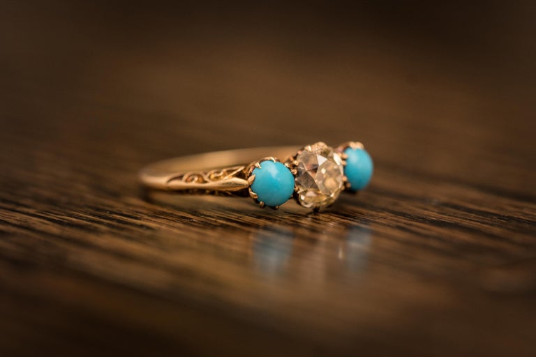1.2 Carat Victorian Old Mine Cushion Cut and Turquoise Ring, circa 1880s 7