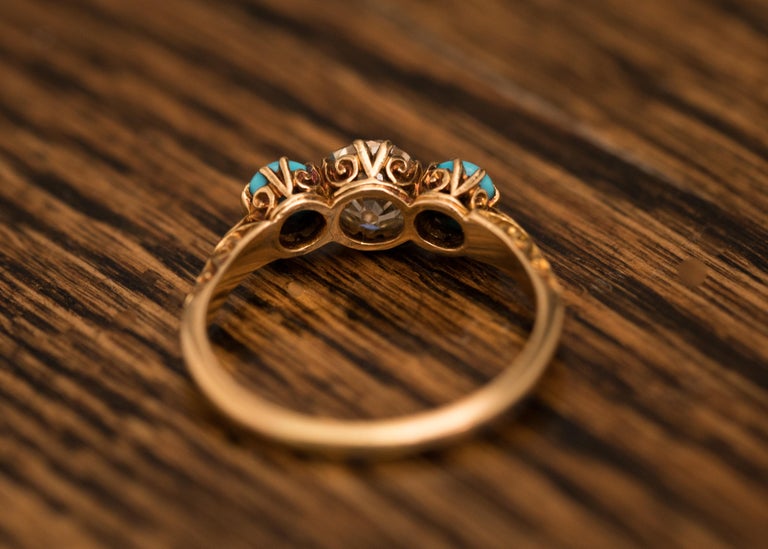 1.2 Carat Victorian Old Mine Cushion Cut and Turquoise Ring, circa 1880s 9