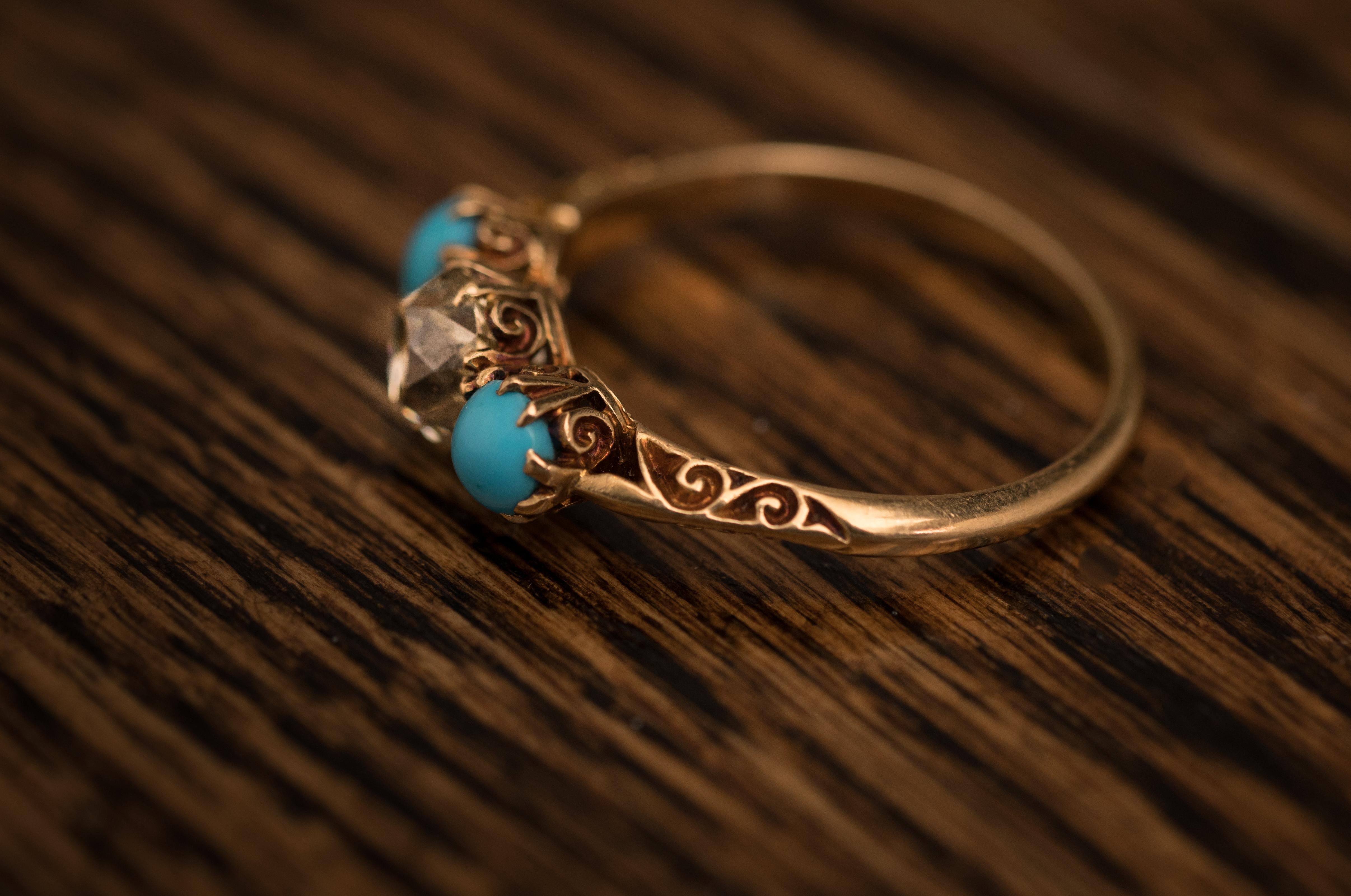 1.2 Carat Victorian Old Mine Cushion Cut and Turquoise Ring, circa 1880s 10