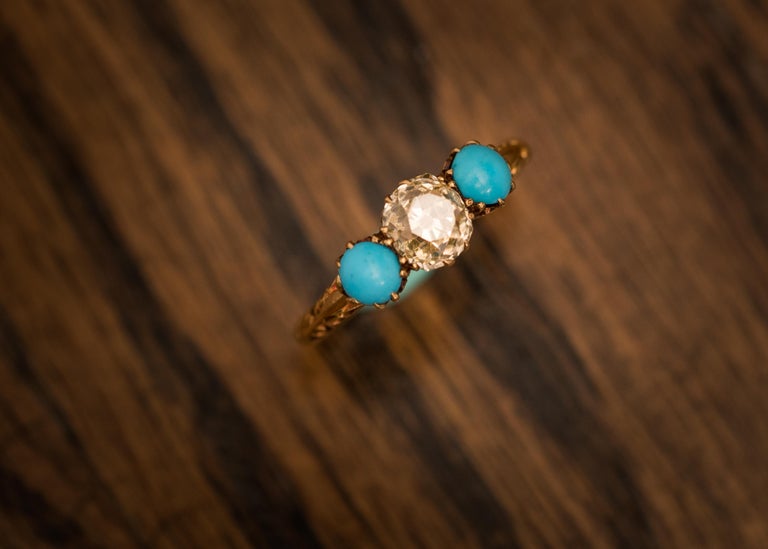 1.2 Carat Victorian Old Mine Cushion Cut and Turquoise Ring, circa 1880s 11