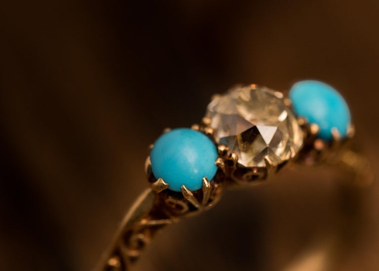 1.2 Carat Victorian Old Mine Cushion Cut and Turquoise Ring, circa 1880s 12