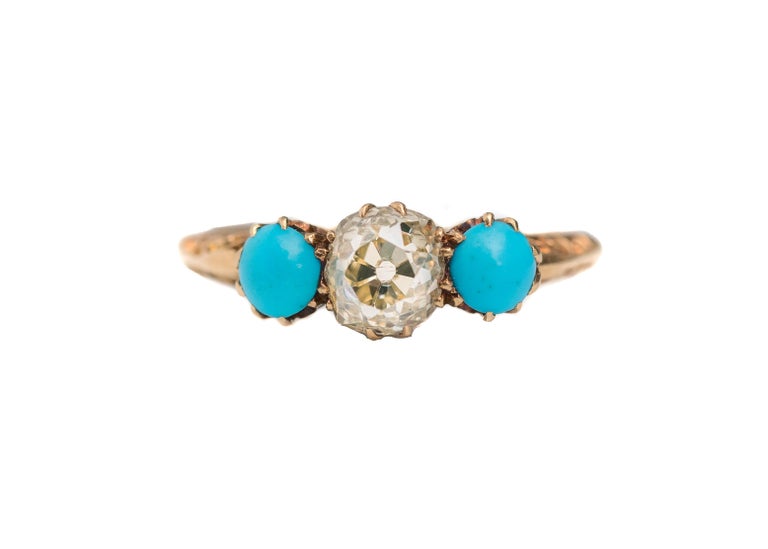 Old Mine Cut 1.2 Carat Victorian Old Mine Cushion Cut and Turquoise Ring, circa 1880s